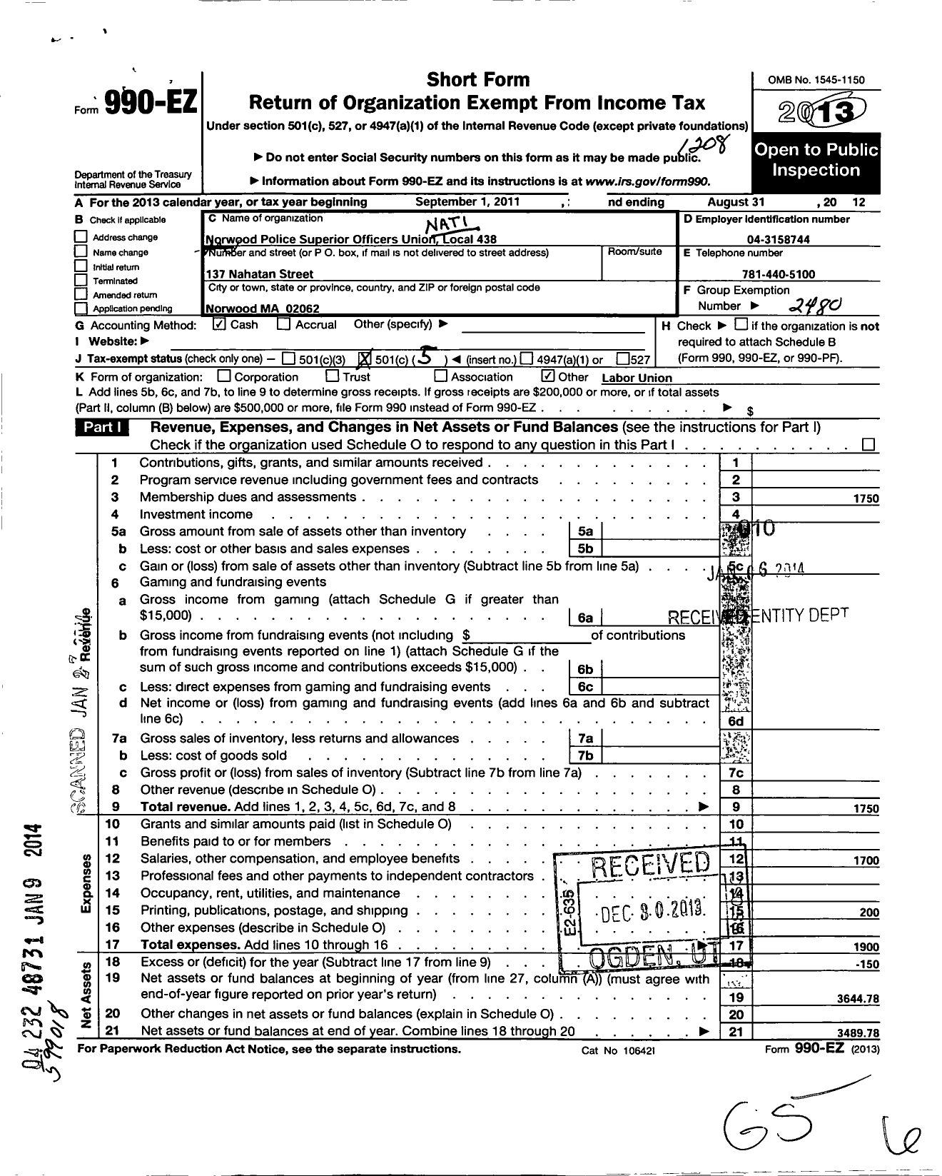 Image of first page of 2011 Form 990EO for National Association of Government Employees / 00-438-ibpo Norwood Sup