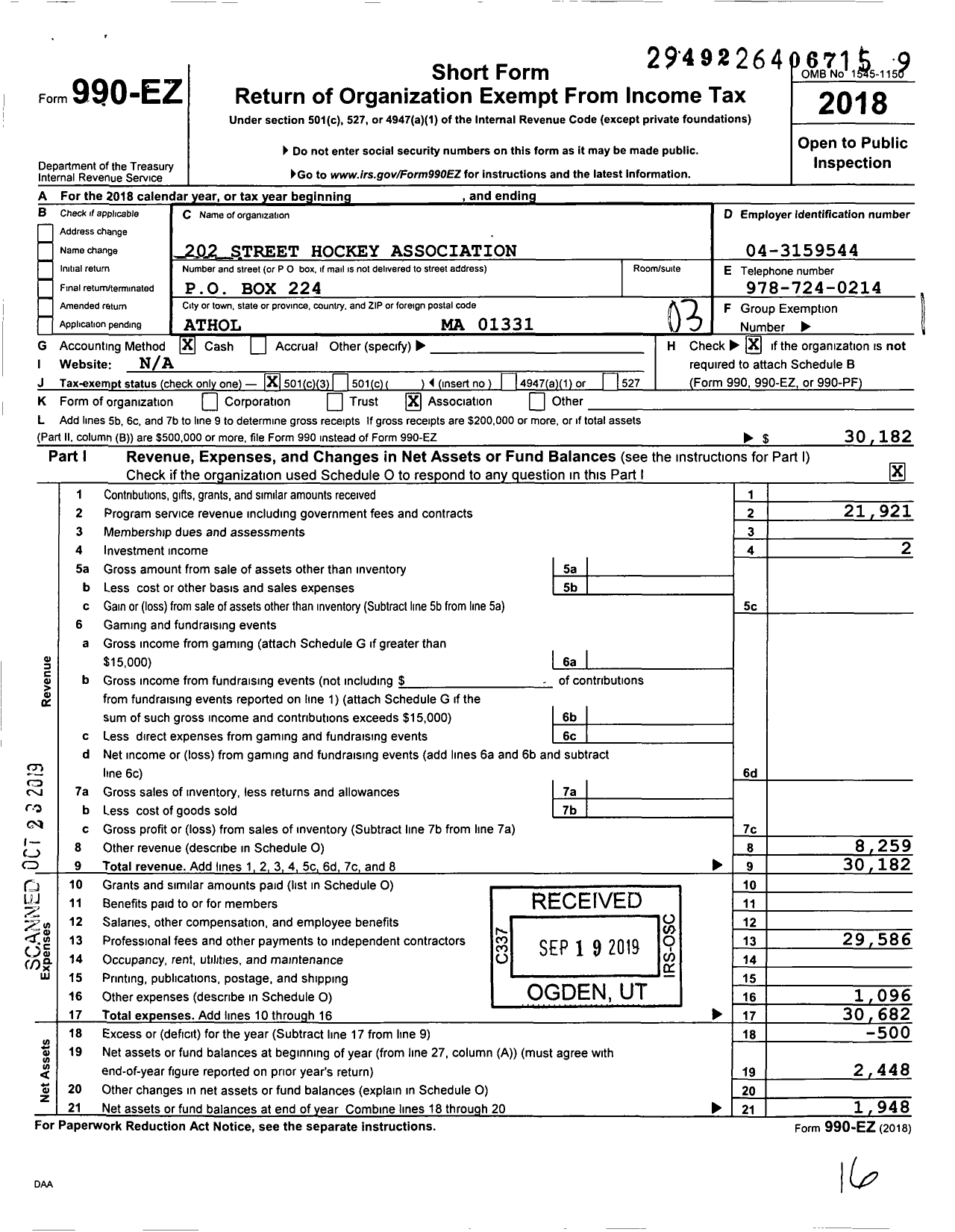 Image of first page of 2018 Form 990EZ for 202 Street Hockey Association