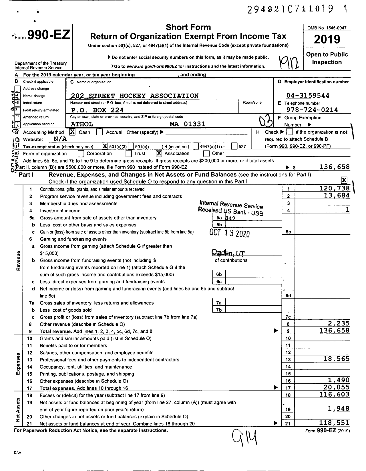 Image of first page of 2019 Form 990EZ for 202 Street Hockey Association