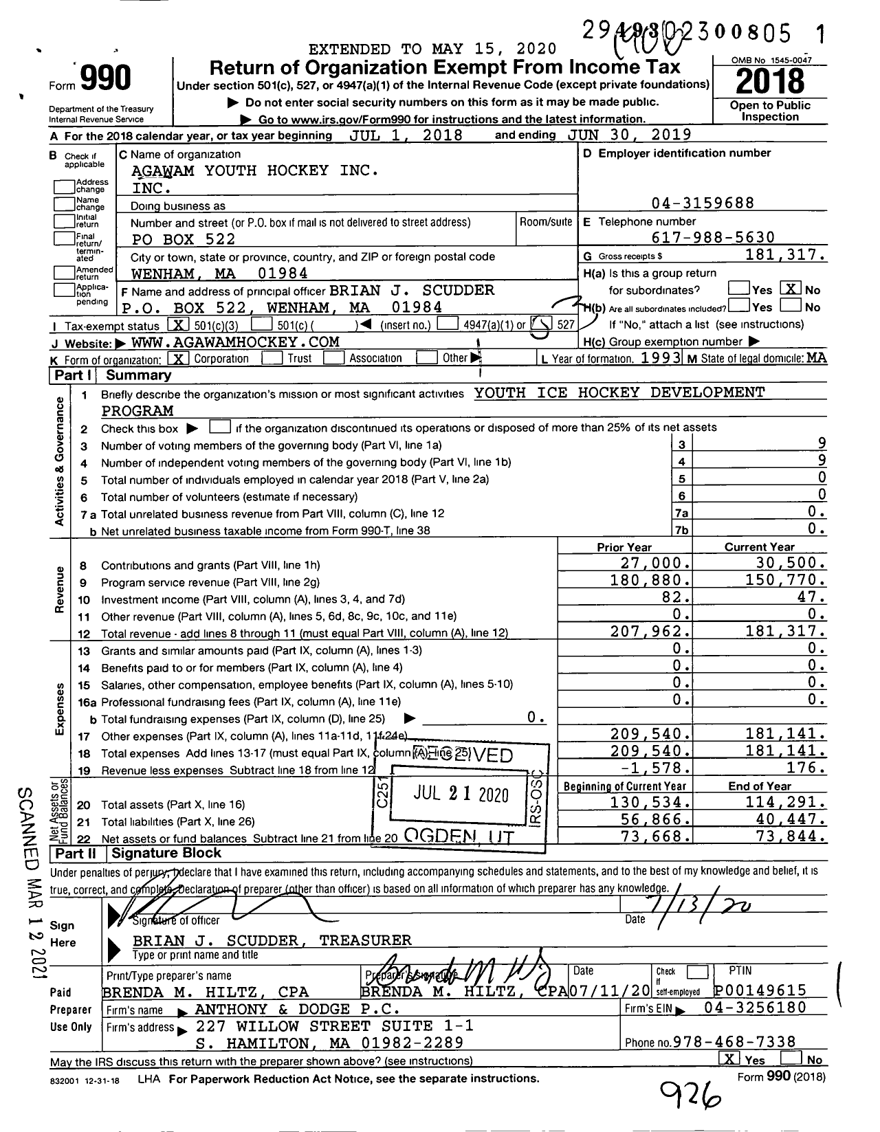 Image of first page of 2018 Form 990 for Agawam Youth Hockey