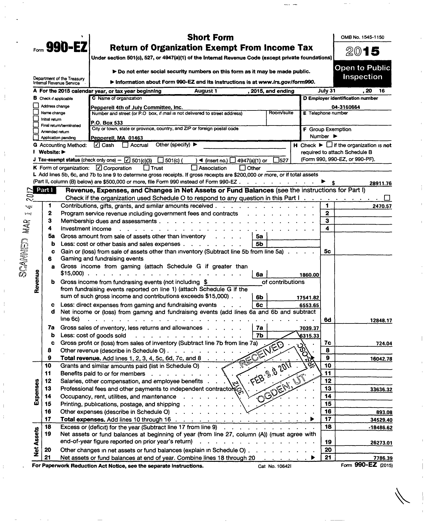 Image of first page of 2015 Form 990EZ for Pepperell Fourth of July Committee