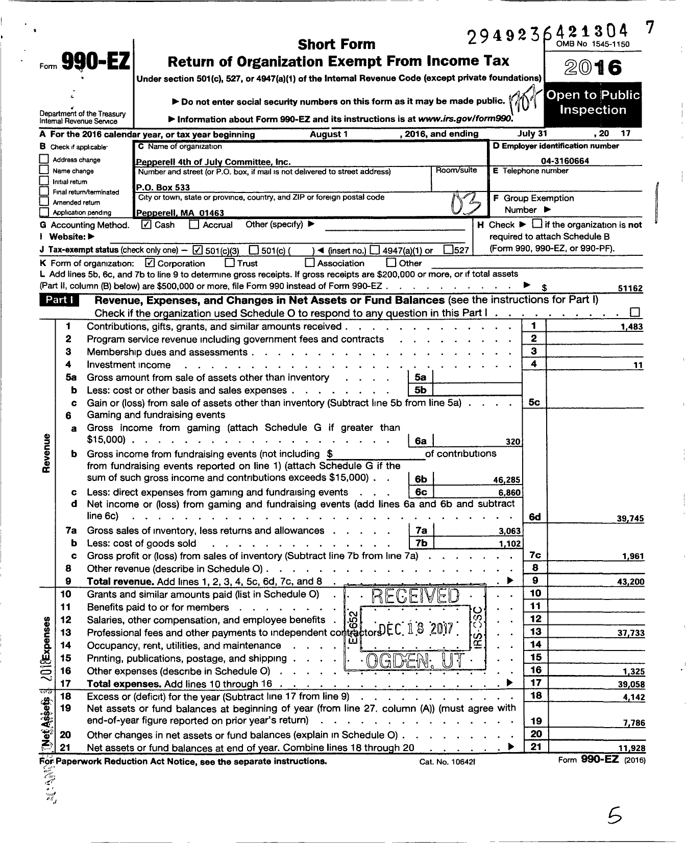 Image of first page of 2016 Form 990EZ for Pepperell Fourth of July Committee