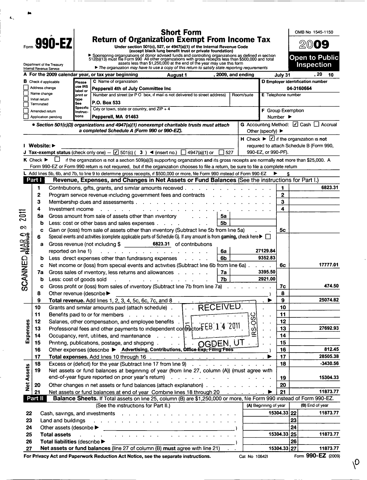 Image of first page of 2009 Form 990EZ for Pepperell Fourth of July Committee