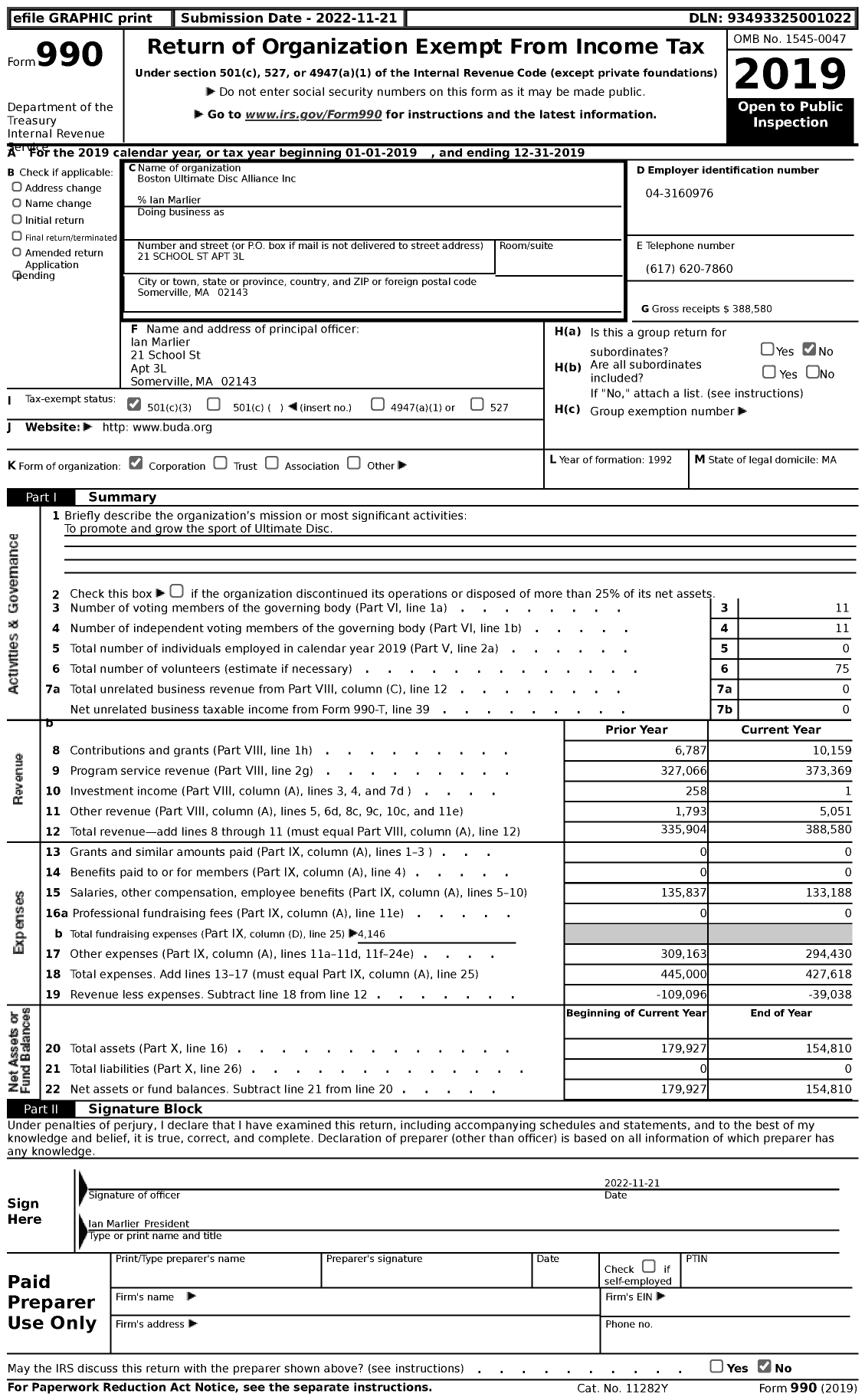 Image of first page of 2019 Form 990 for Boston Ultimate Disc Alliance (BUDA)