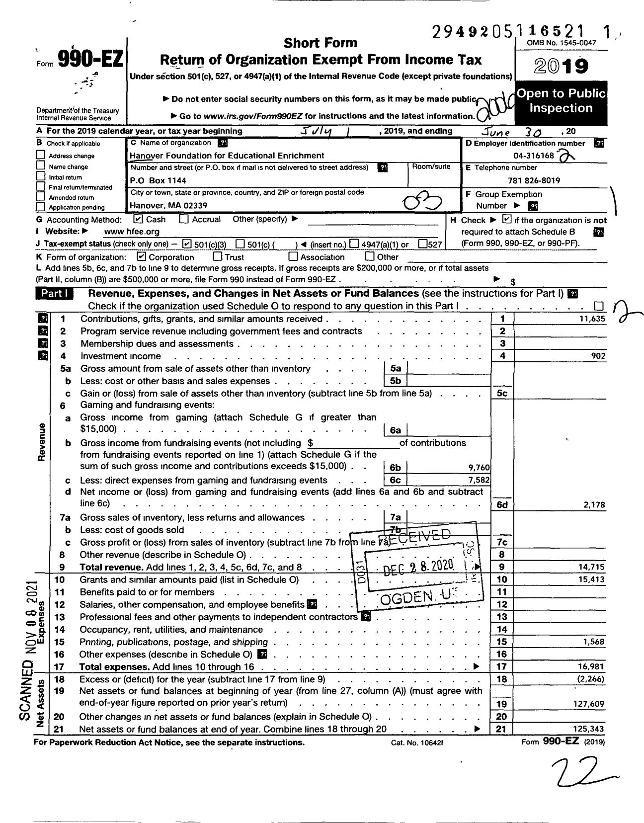 Image of first page of 2019 Form 990EZ for Hanover Foundation for Educational Enrichment