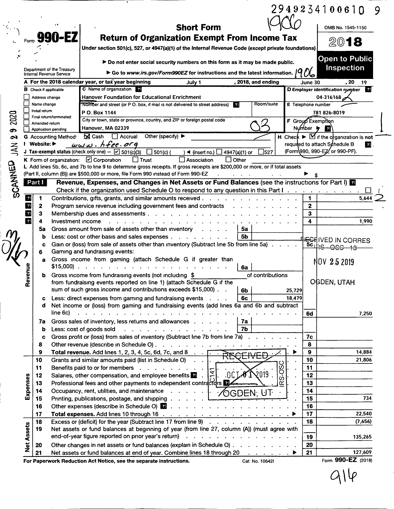 Image of first page of 2018 Form 990EZ for Hanover Foundation for Educational Enrichment