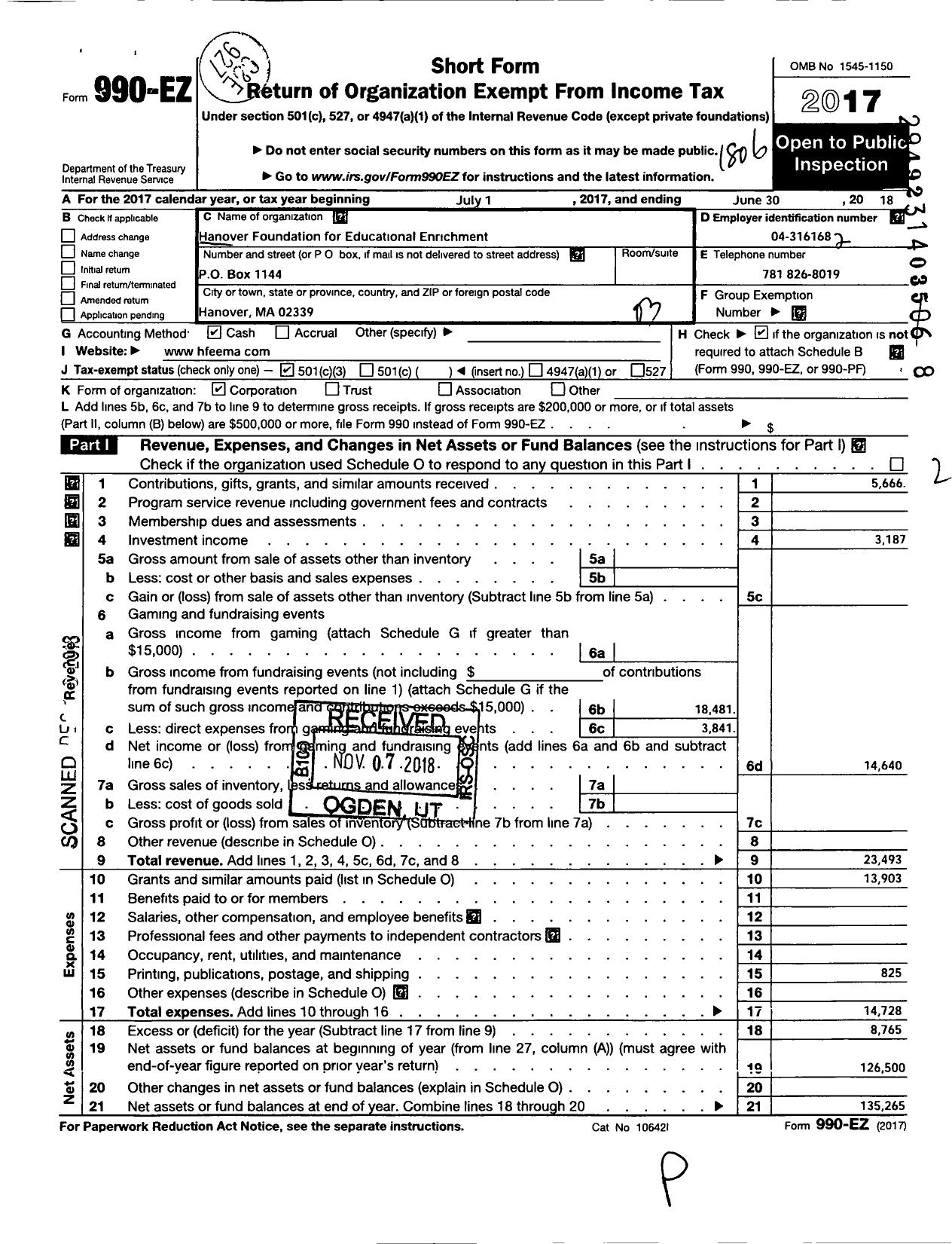 Image of first page of 2017 Form 990EZ for Hanover Foundation for Educational Enrichment