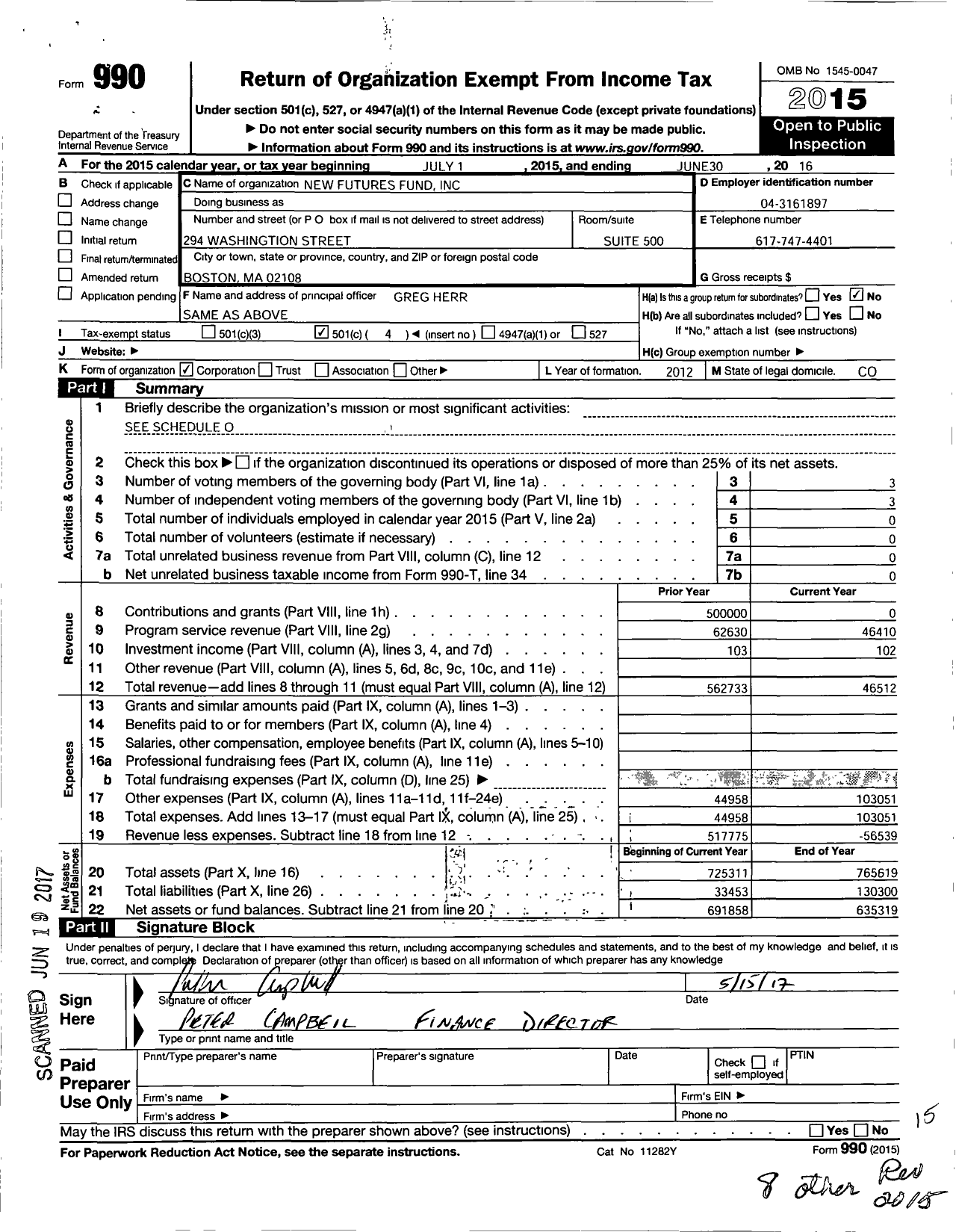 Image of first page of 2015 Form 990O for New Futures Fund