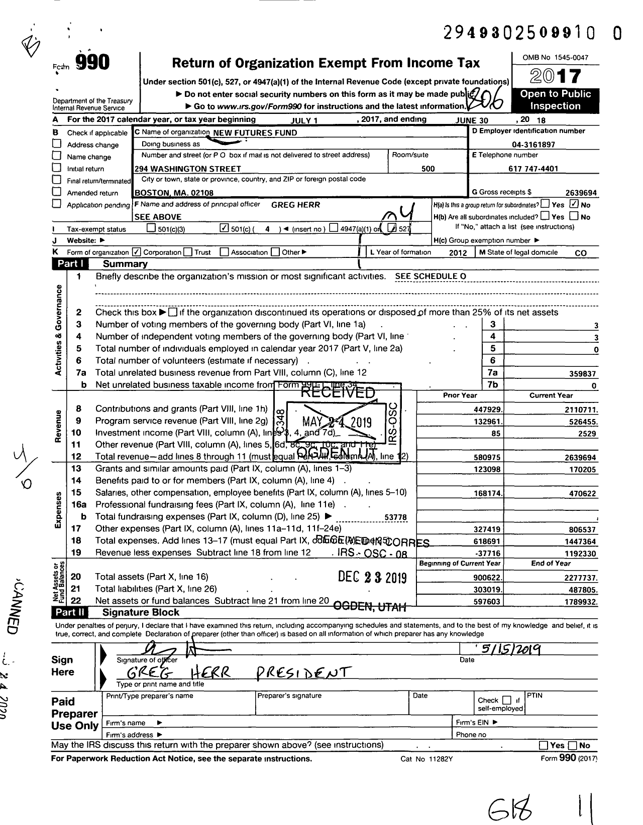 Image of first page of 2017 Form 990O for New Futures Fund