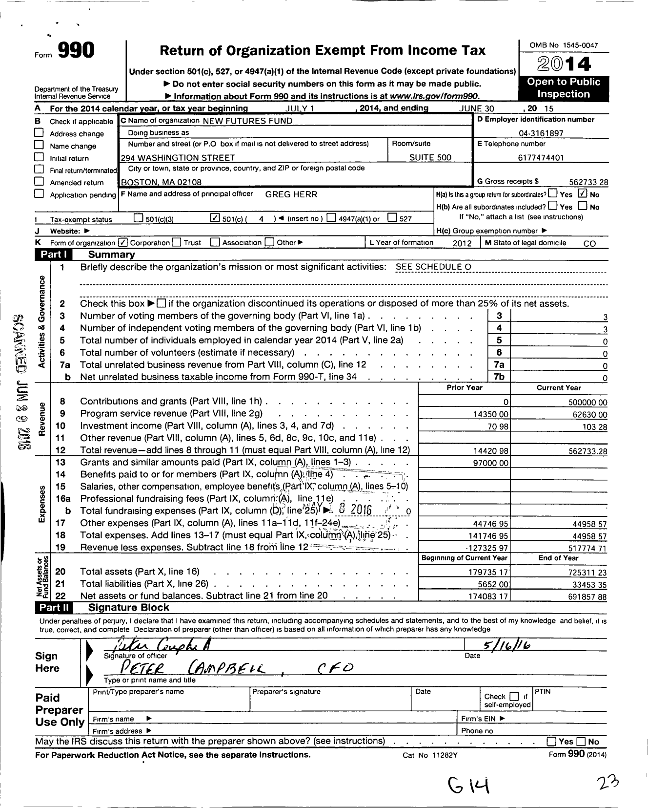 Image of first page of 2014 Form 990O for New Futures Fund