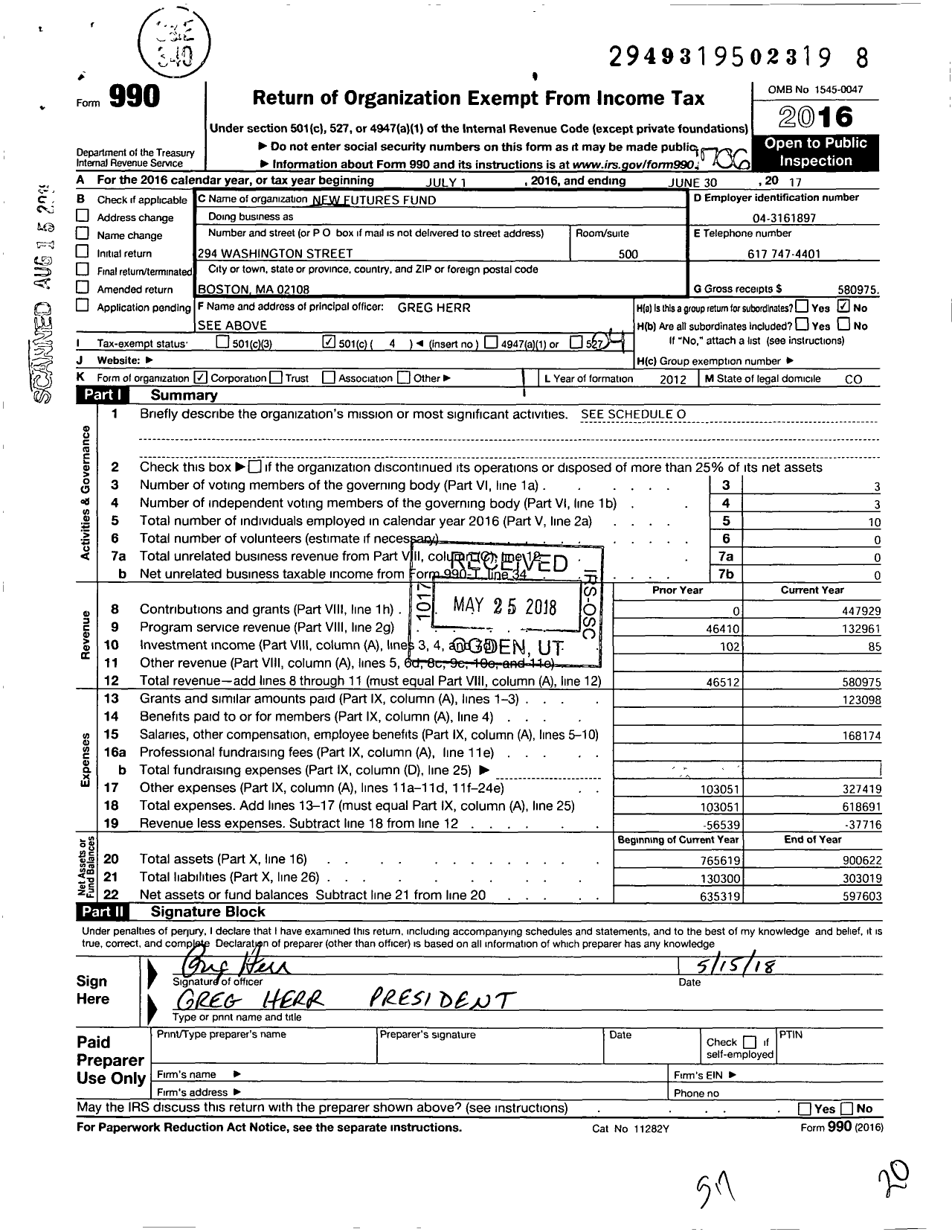 Image of first page of 2016 Form 990O for New Futures Fund