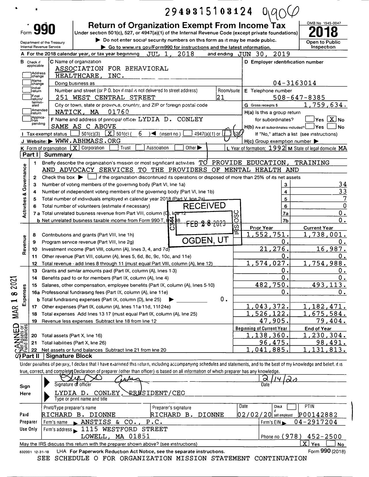 Image of first page of 2018 Form 990O for Association for Behavioral Healthcare