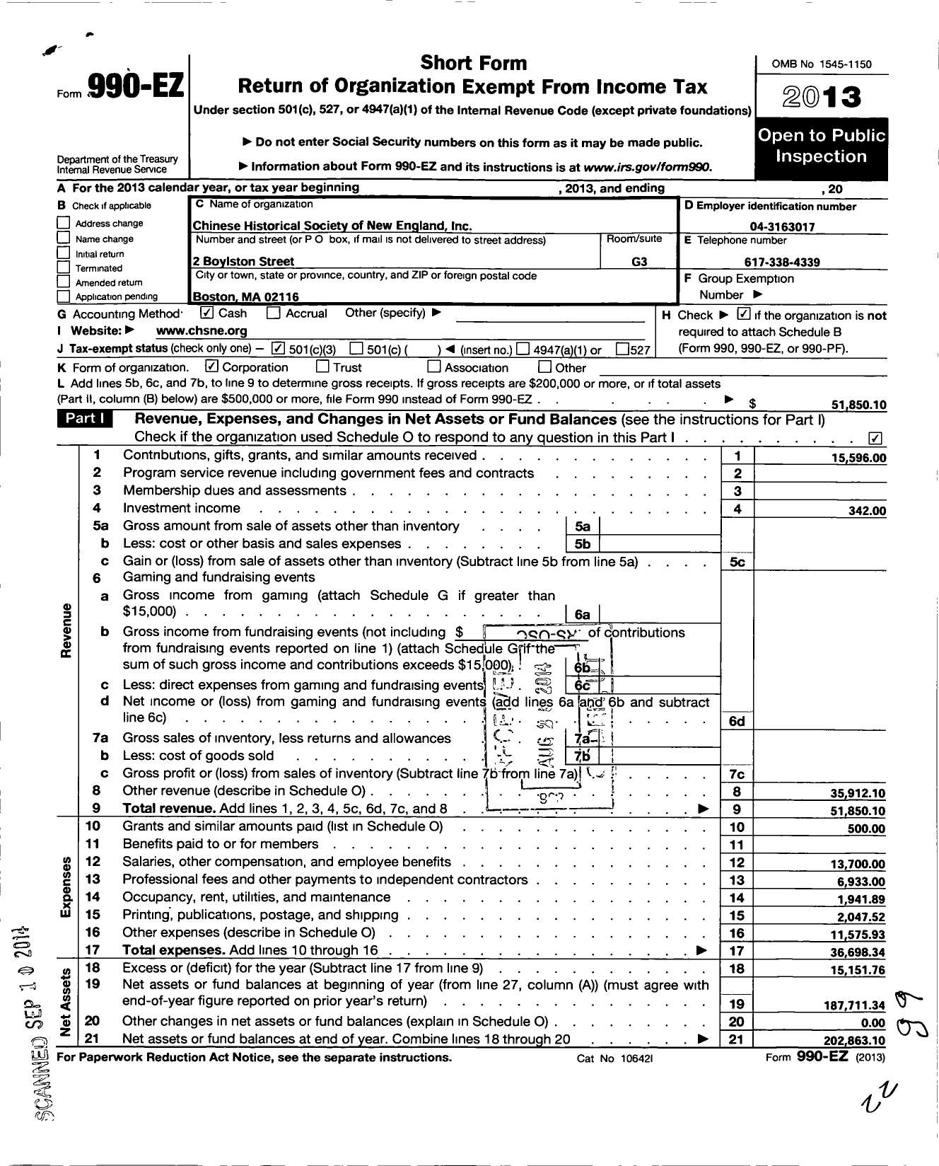 Image of first page of 2013 Form 990EZ for Chinese Historical Society of New England