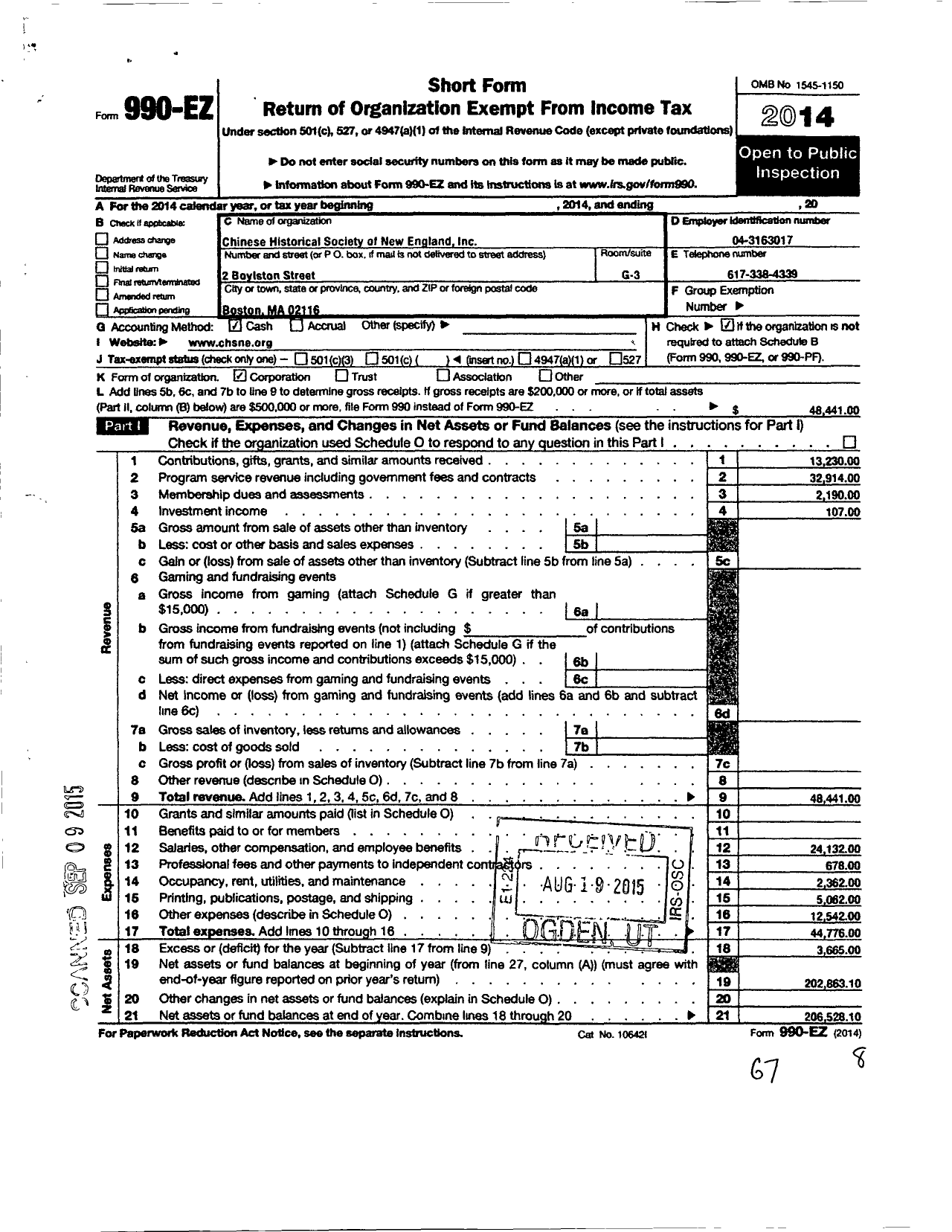 Image of first page of 2014 Form 990EO for Chinese Historical Society of New England