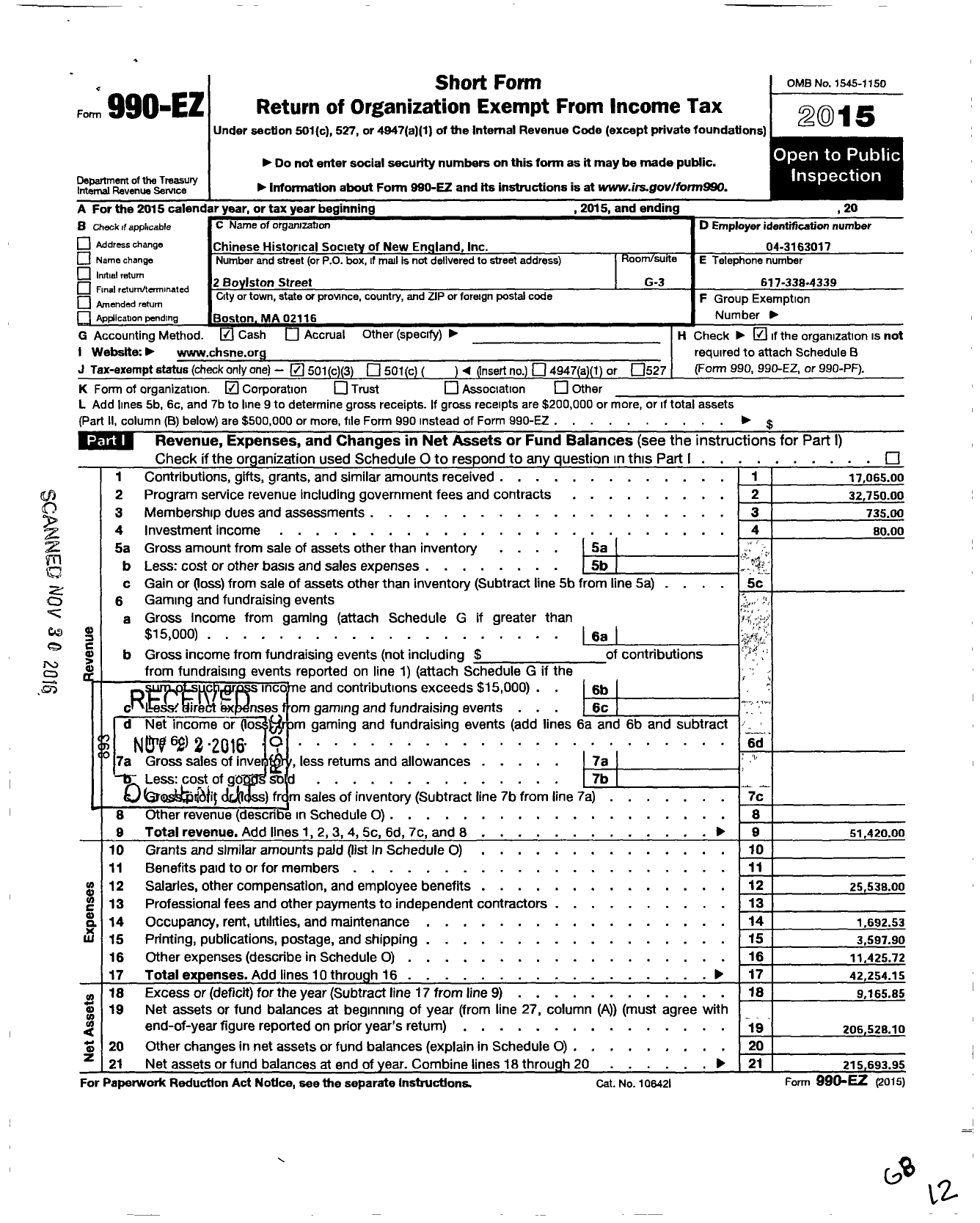 Image of first page of 2015 Form 990EZ for Chinese Historical Society of New England