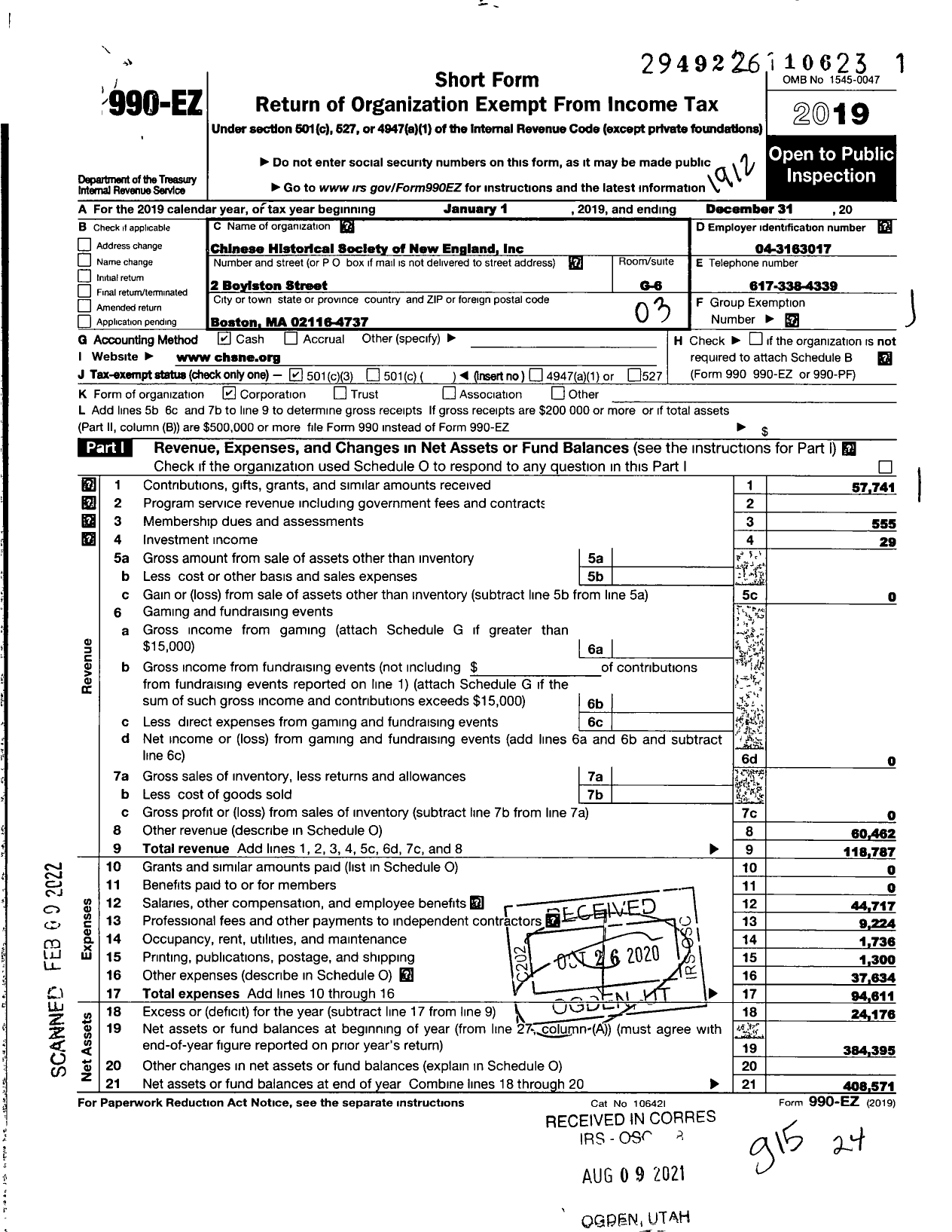 Image of first page of 2019 Form 990EZ for Chinese Historical Society of New England