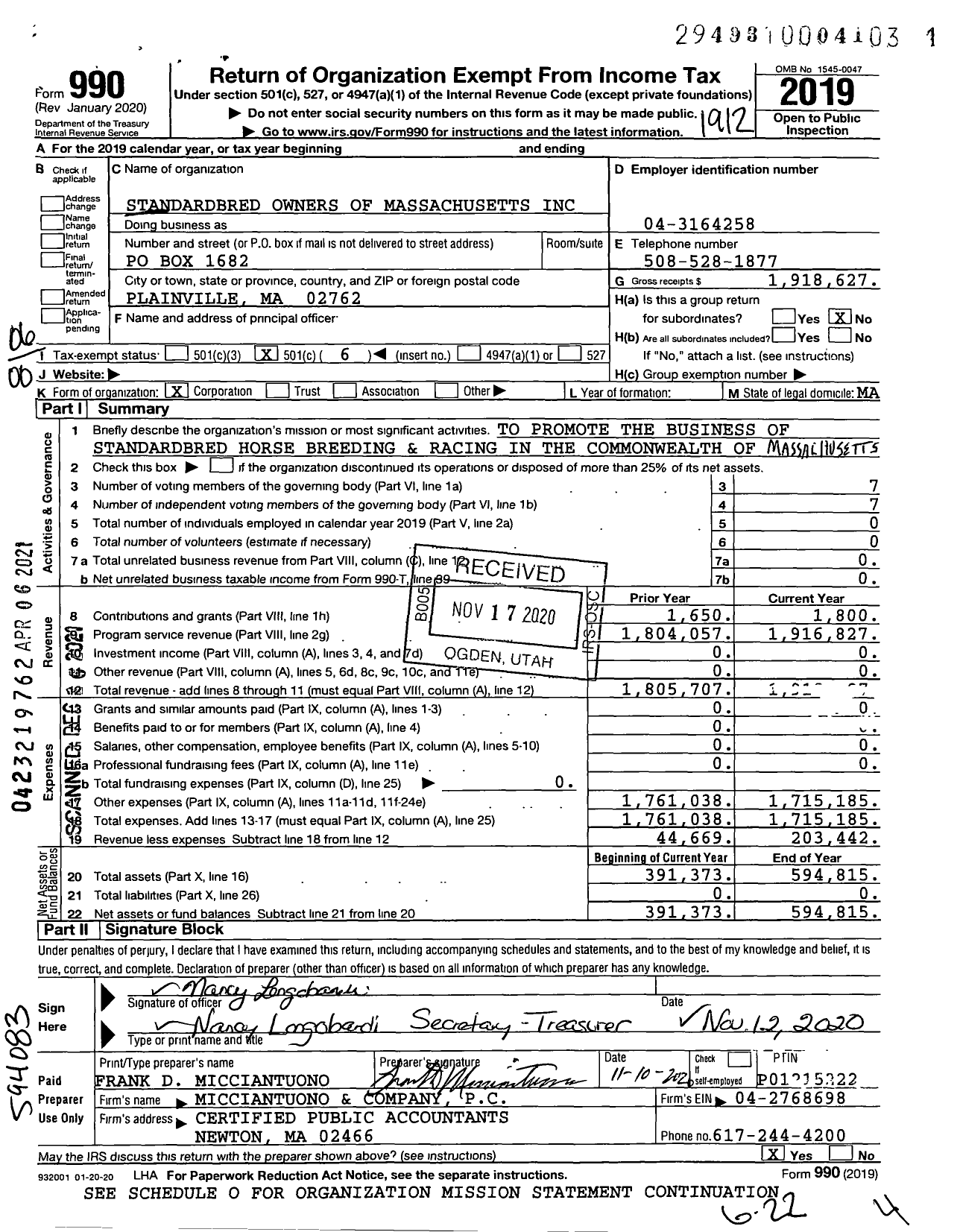 Image of first page of 2019 Form 990O for Standardbred Owners of Massachusetts
