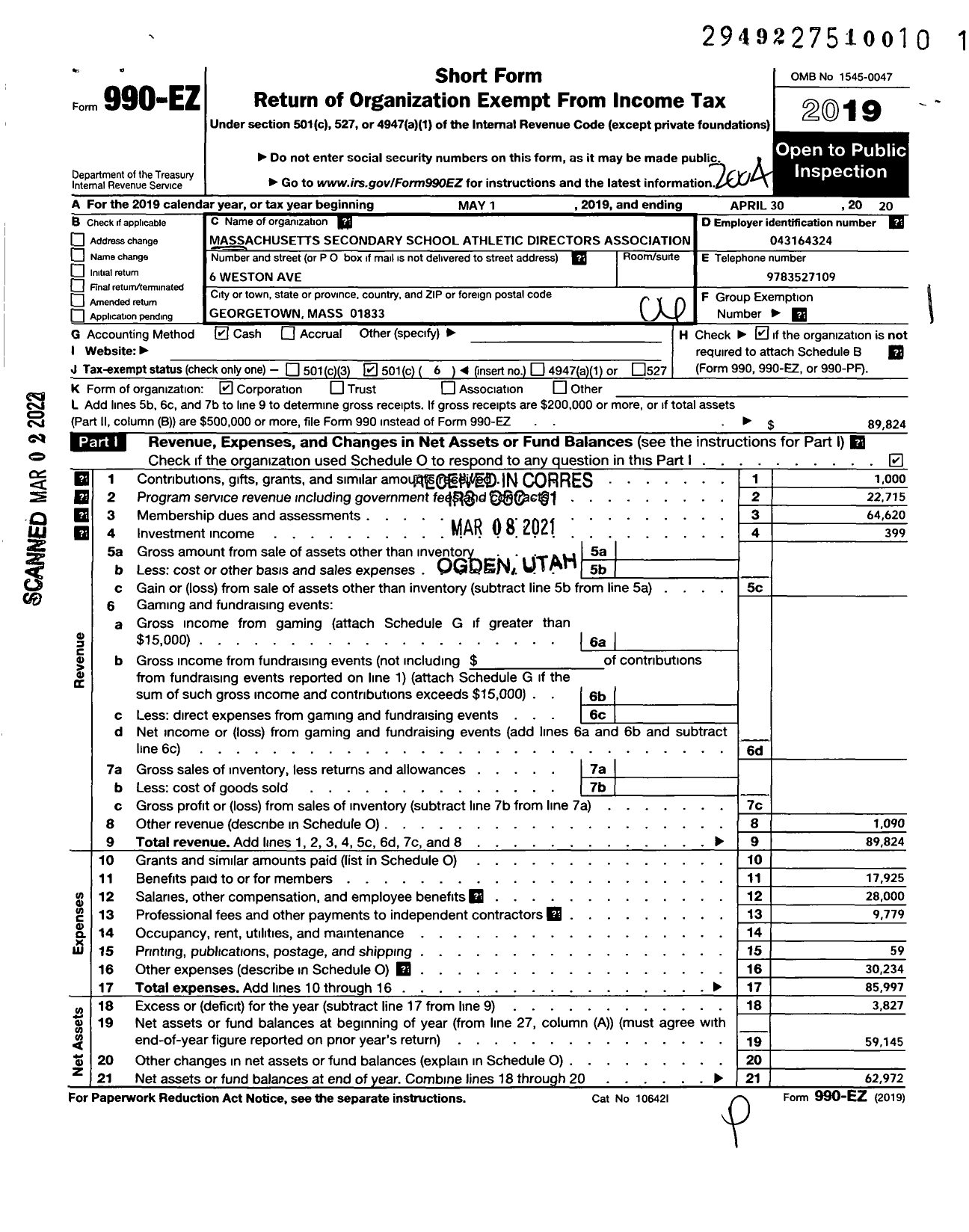 Image of first page of 2019 Form 990EO for Massachusetts Secondary Schools Athletic Directors Association