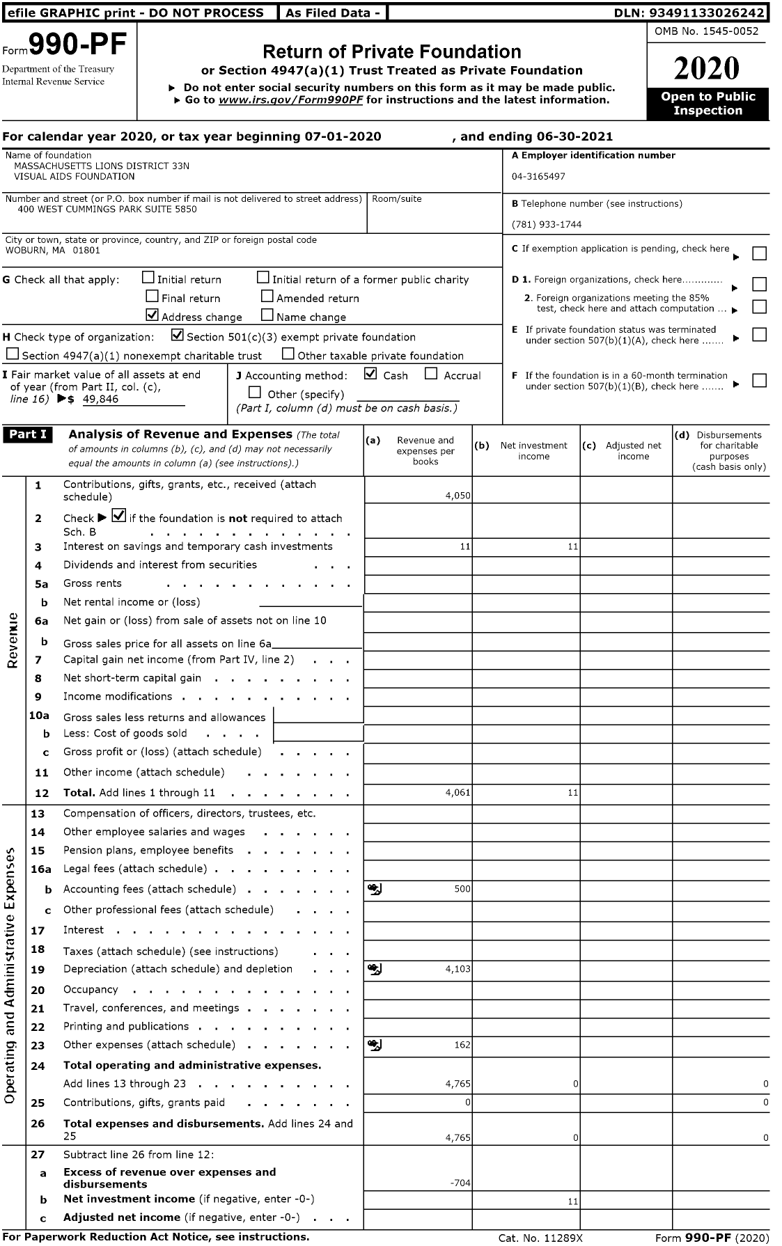 Image of first page of 2020 Form 990PF for Massachusetts Lions District 33n Visual Aids Foundation