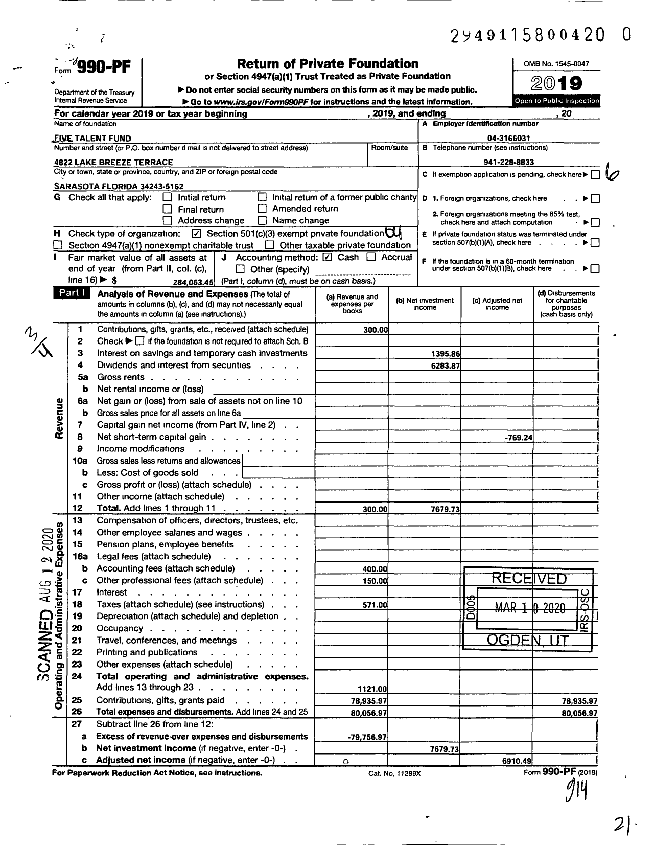 Image of first page of 2019 Form 990PR for Five Talent Fund