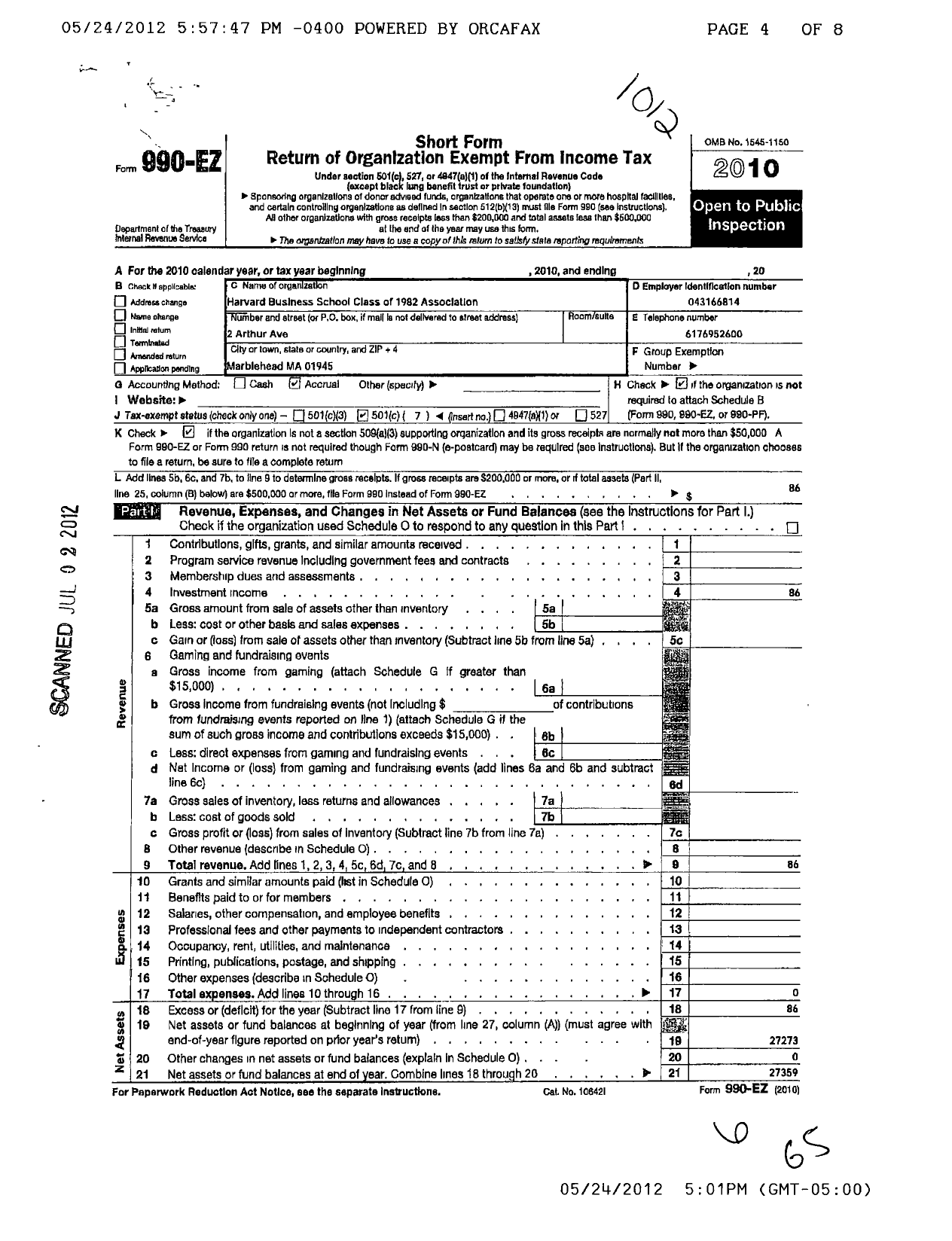 Image of first page of 2010 Form 990EO for Harvard Business School Class of 1982 Association