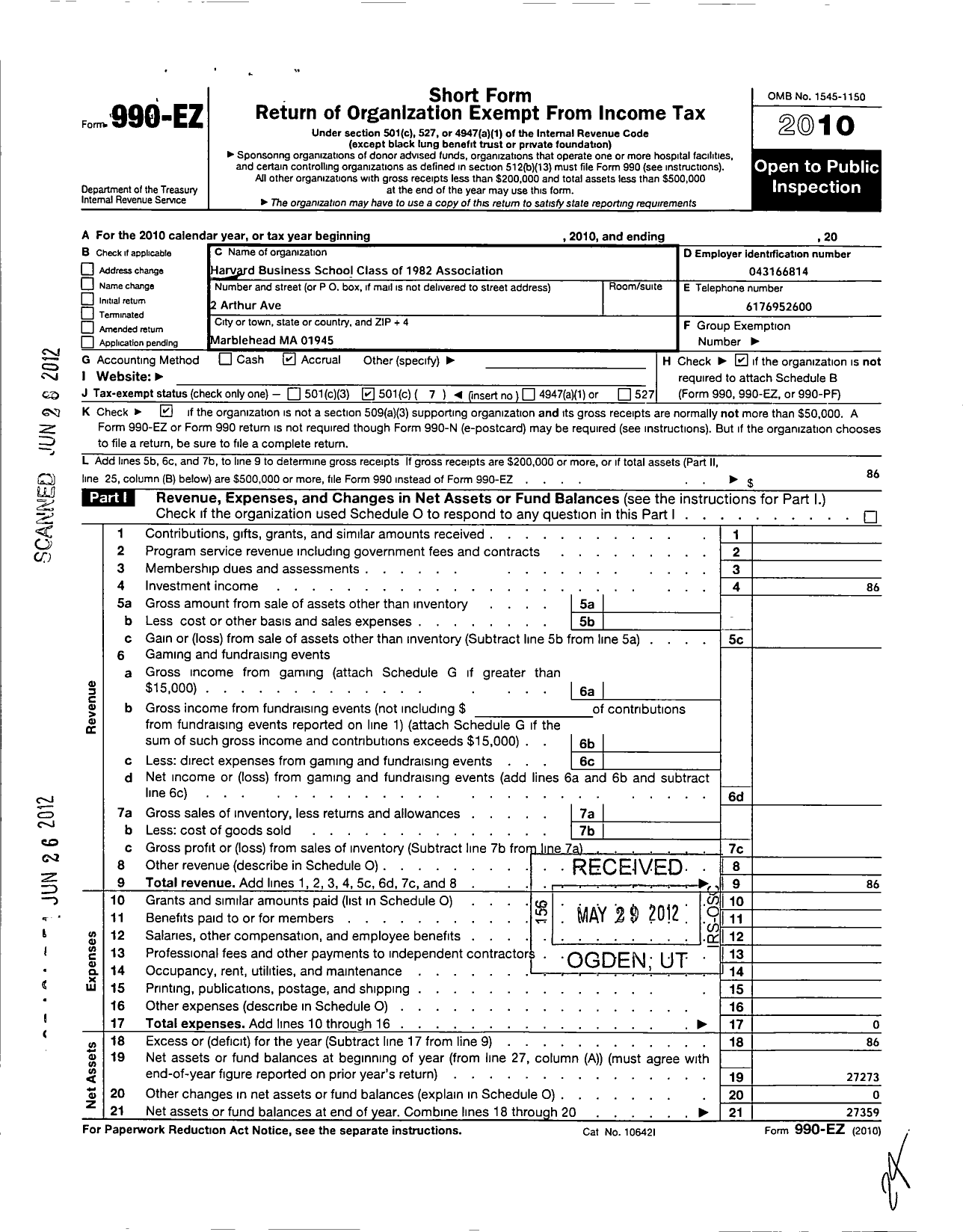 Image of first page of 2010 Form 990EO for Harvard Business School Class of 1982 Association