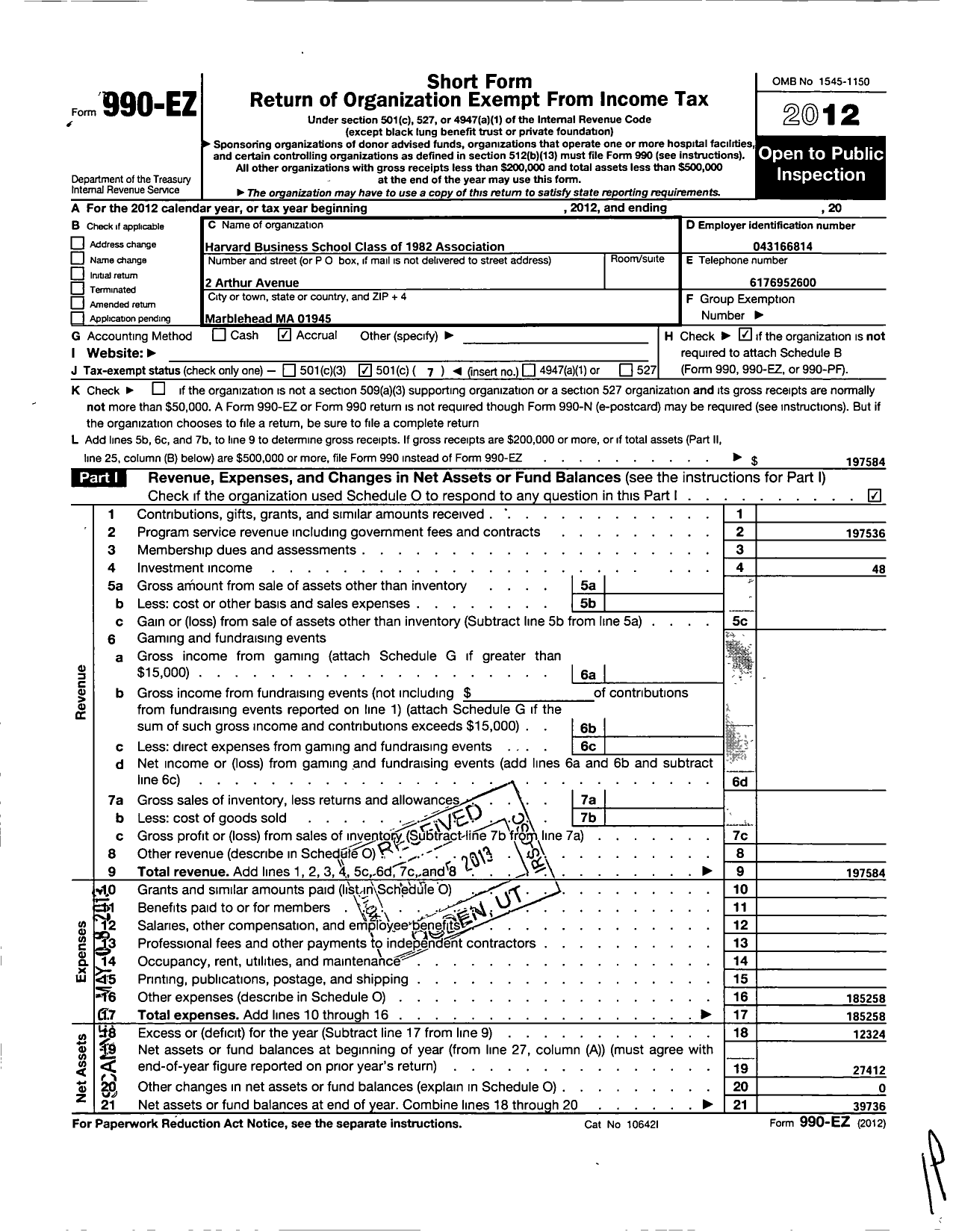 Image of first page of 2012 Form 990EO for Harvard Business School Class of 1982 Association