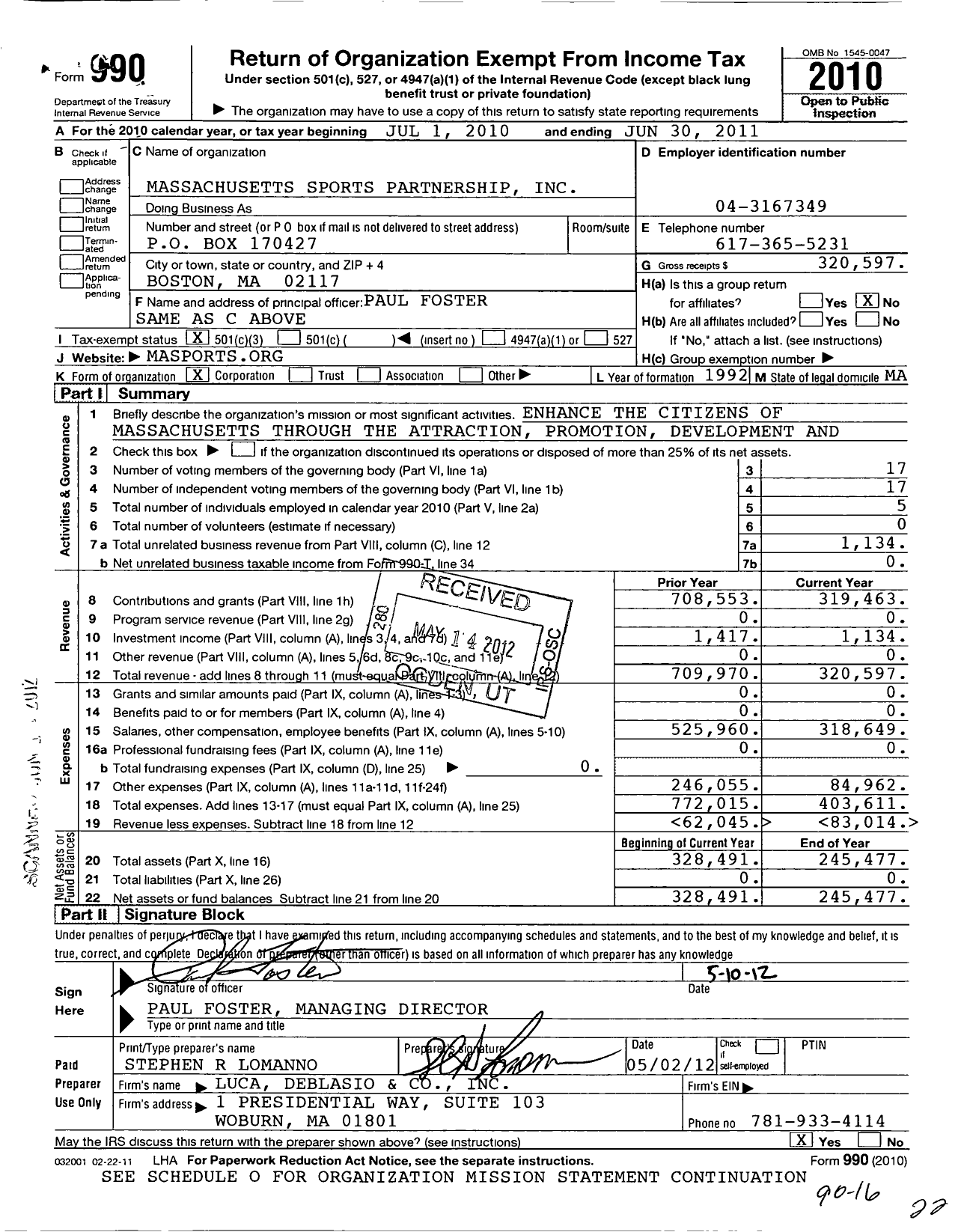 Image of first page of 2010 Form 990 for Massachusetts Sports Partnership