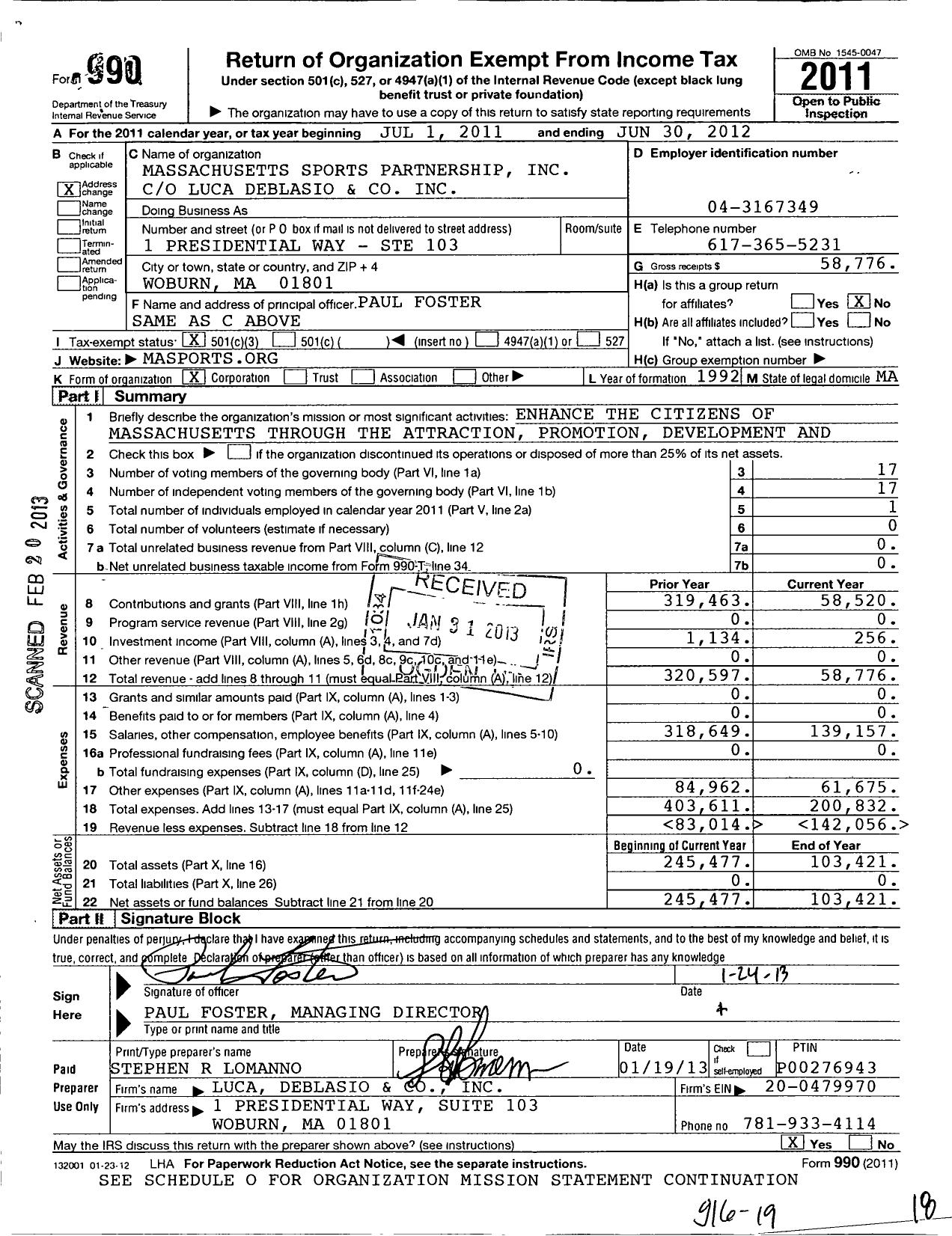 Image of first page of 2011 Form 990 for Massachusetts Sports Partnership