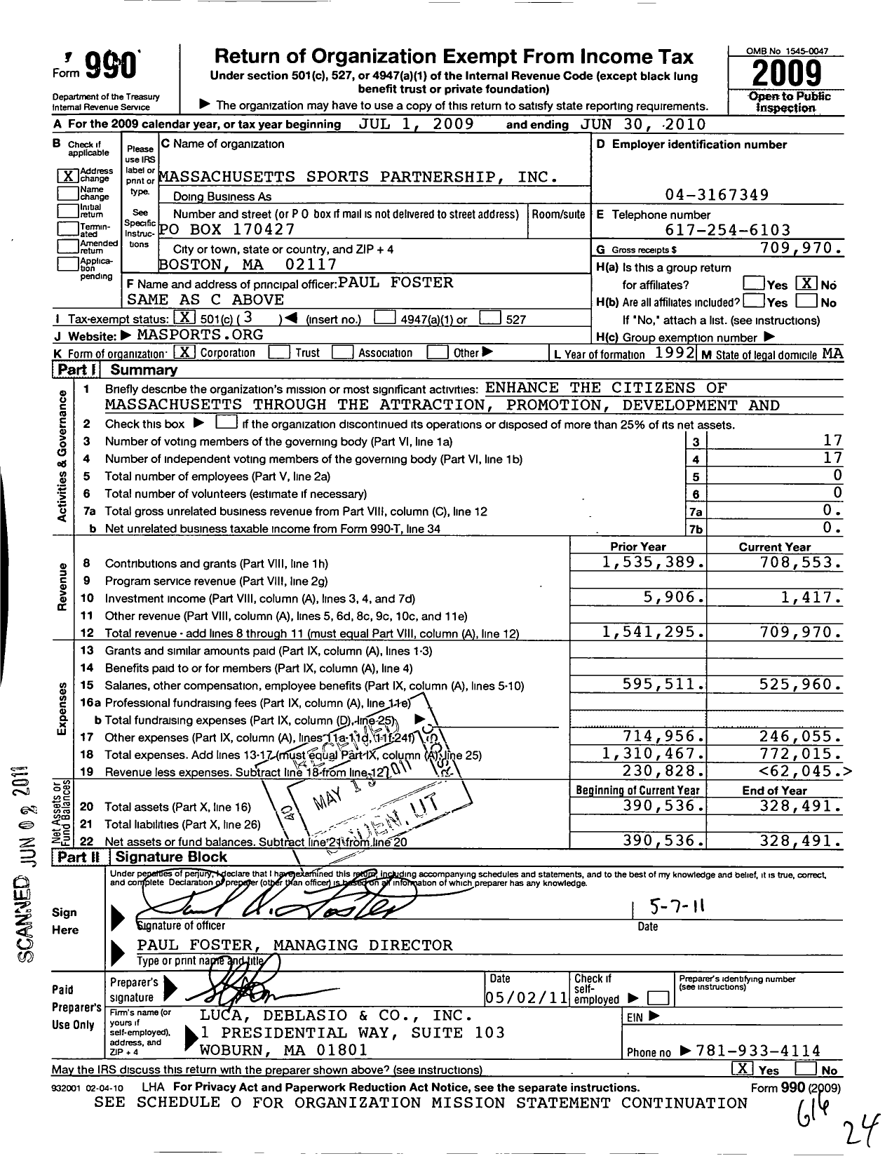 Image of first page of 2009 Form 990 for Massachusetts Sports Partnership