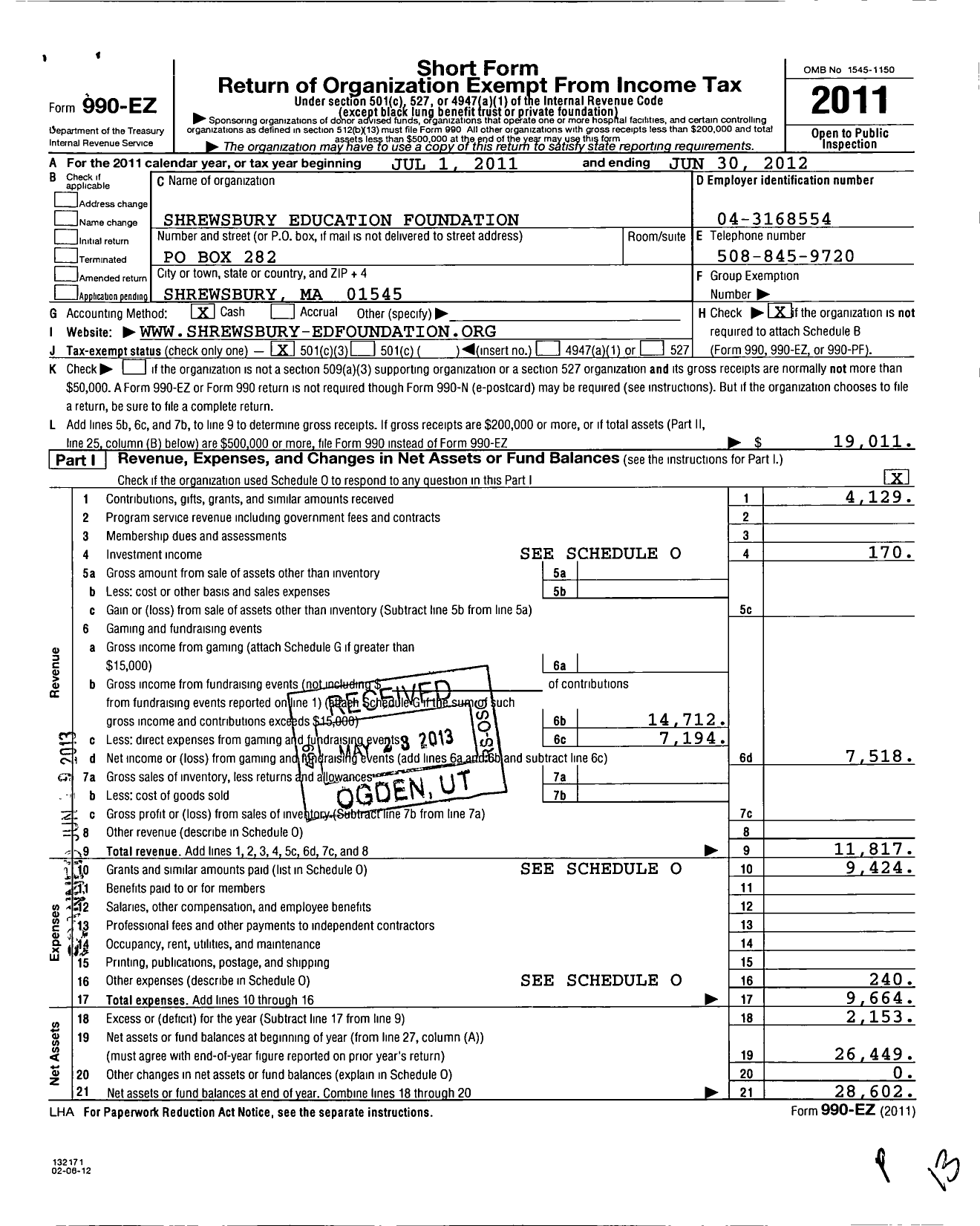 Image of first page of 2011 Form 990EZ for Shrewsbury Education Foundation