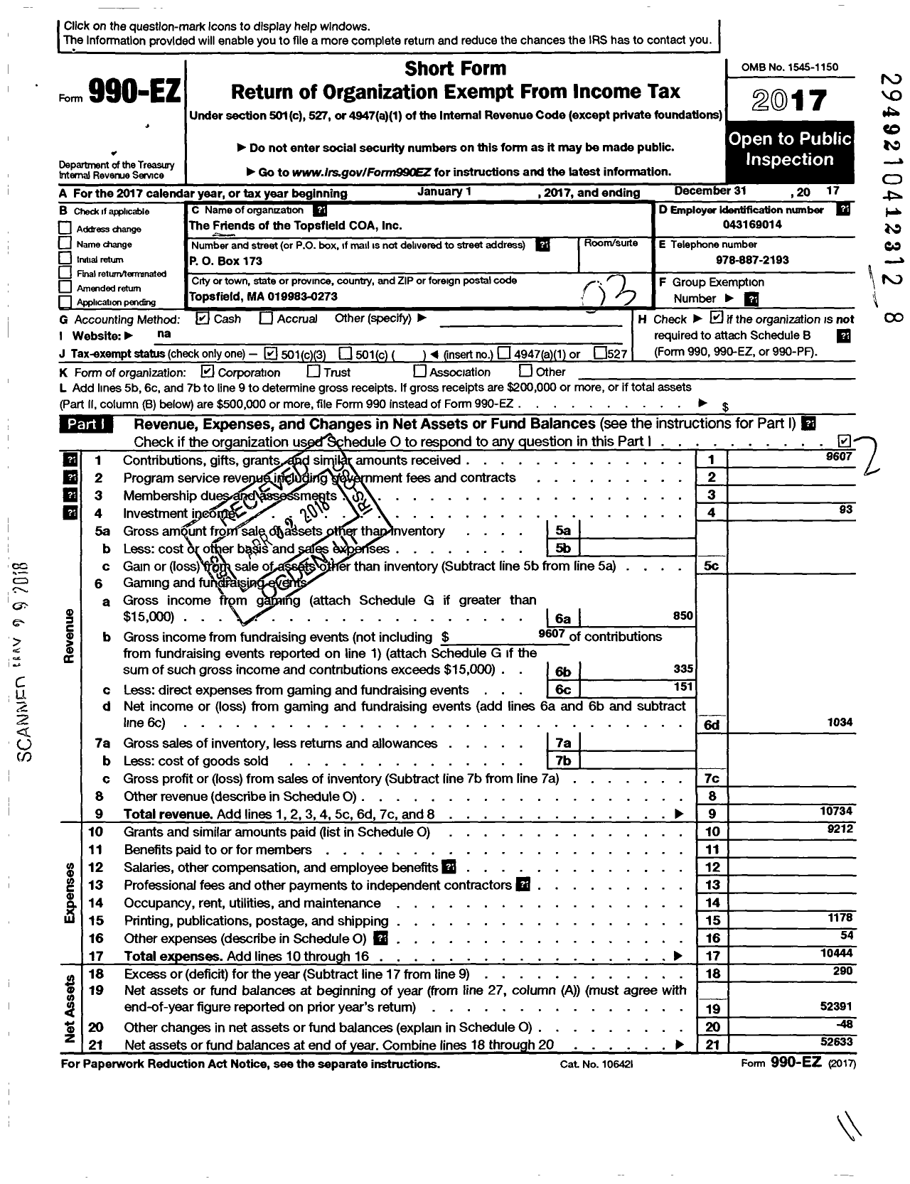 Image of first page of 2017 Form 990EZ for Friends of the Topsfield Council on Aging