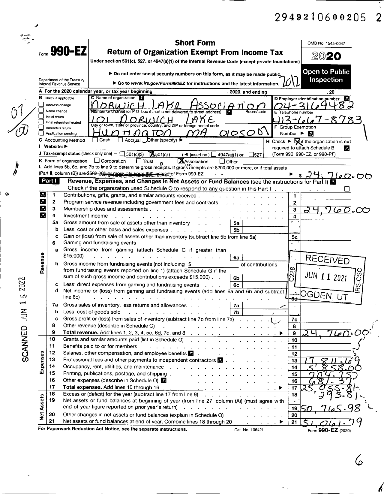 Image of first page of 2020 Form 990EO for Norwich Lake Association