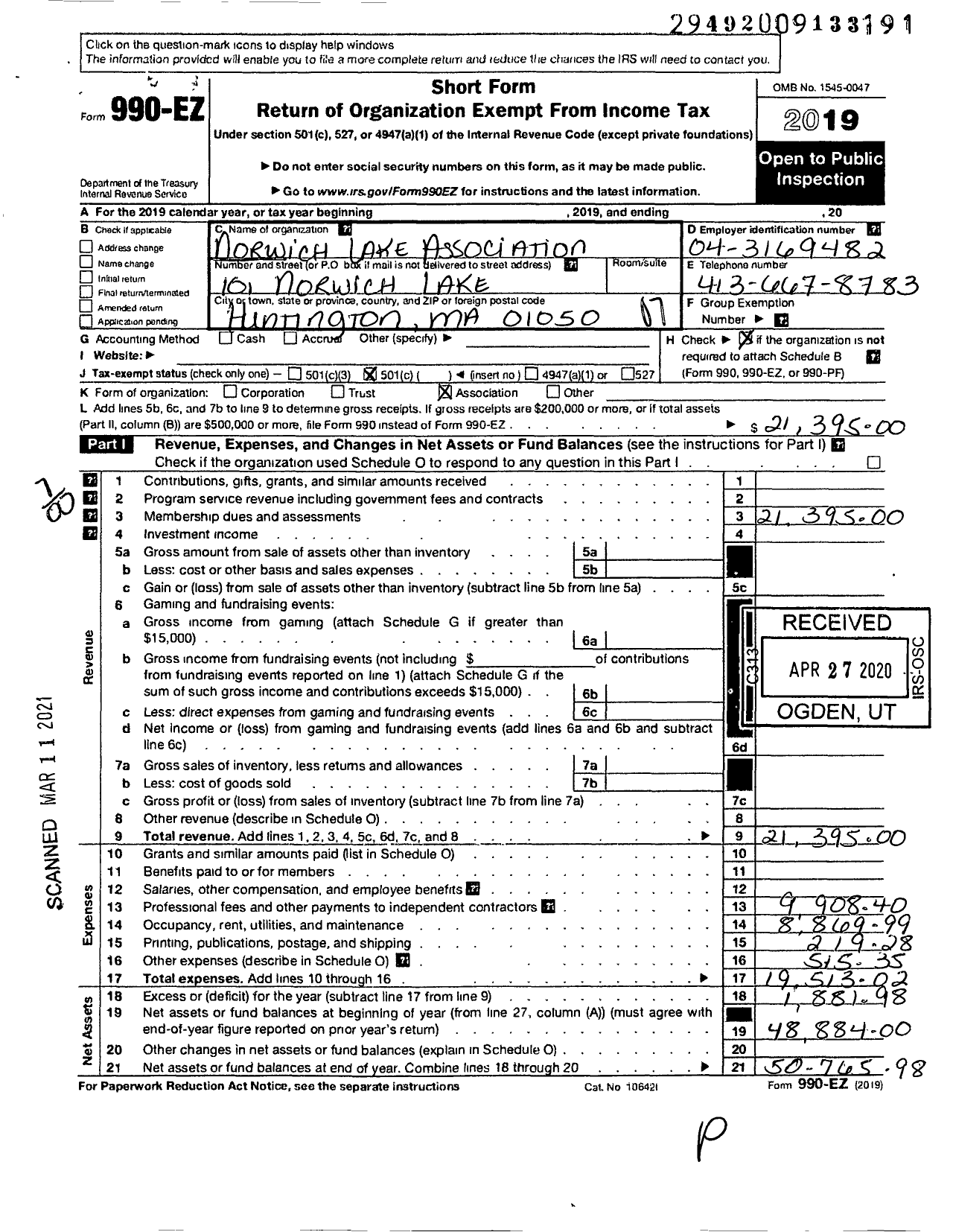 Image of first page of 2019 Form 990EO for Norwich Lake Association