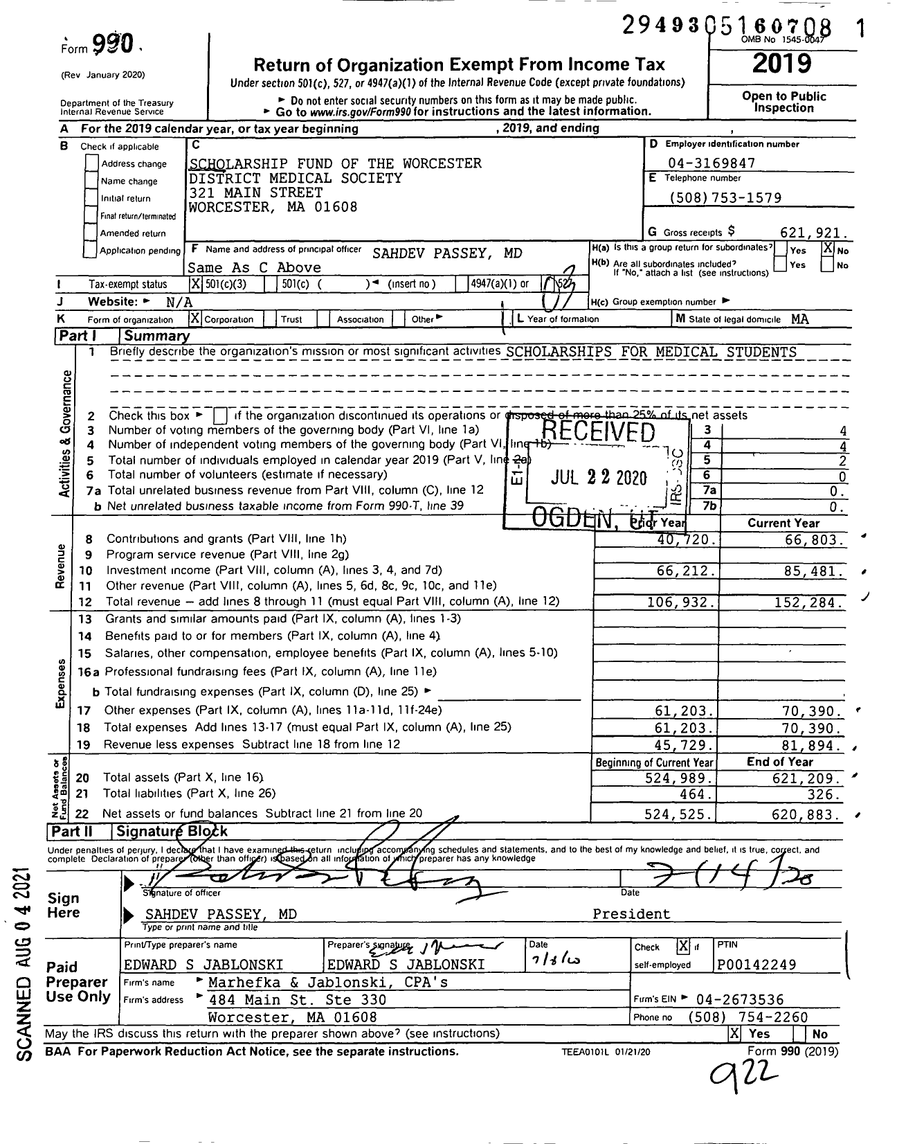 Image of first page of 2019 Form 990 for Scholarship Fund of the Worcester District Medical Society