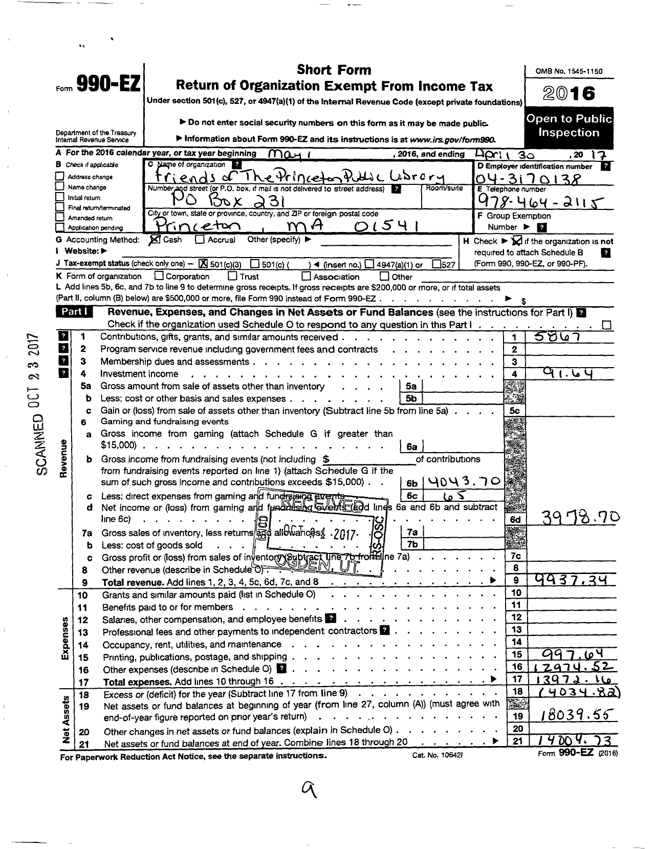 Image of first page of 2016 Form 990EZ for Friends of the Princeton Public Library