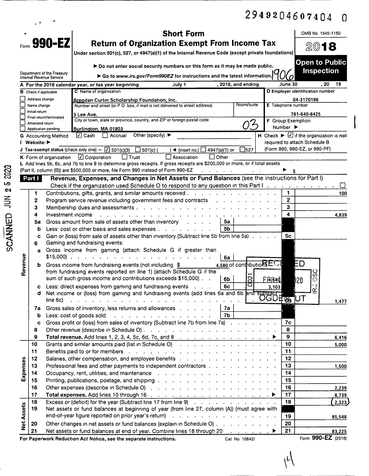 Image of first page of 2018 Form 990EZ for Brendan M Curtin Memorial Scholarship Fund