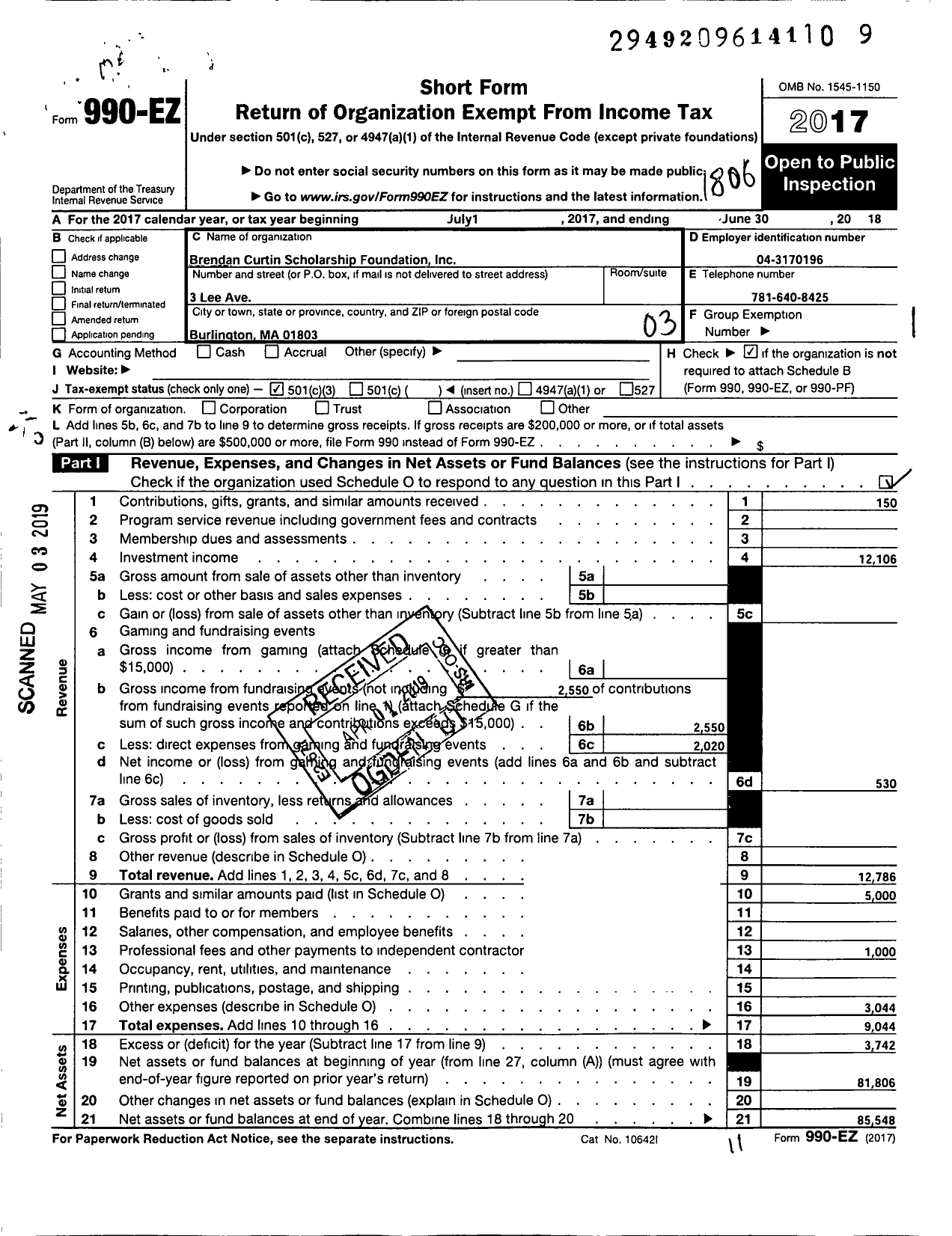 Image of first page of 2017 Form 990EZ for Brendan M Curtin Memorial Scholarship Fund