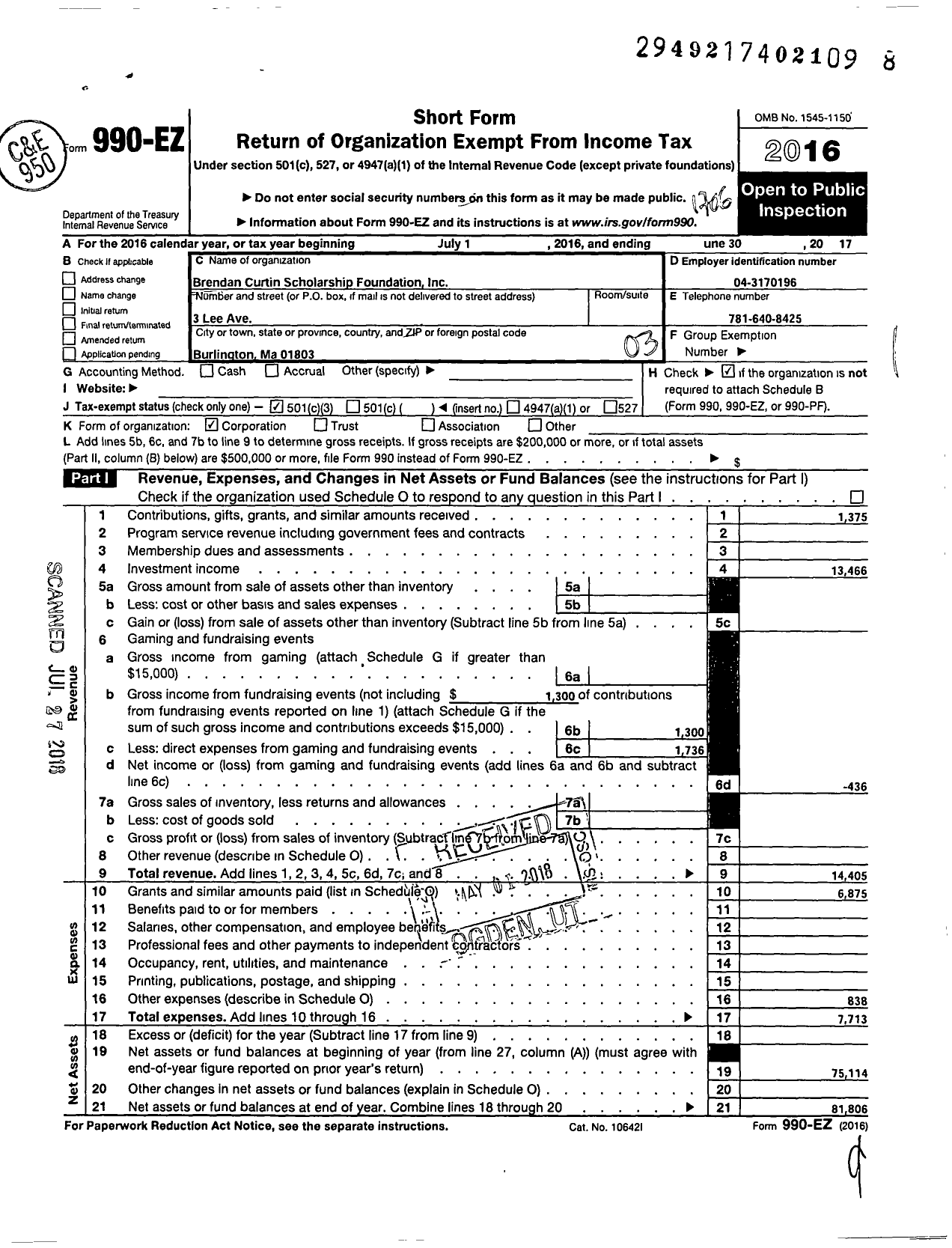 Image of first page of 2016 Form 990EZ for Brendan M Curtin Memorial Scholarship Fund