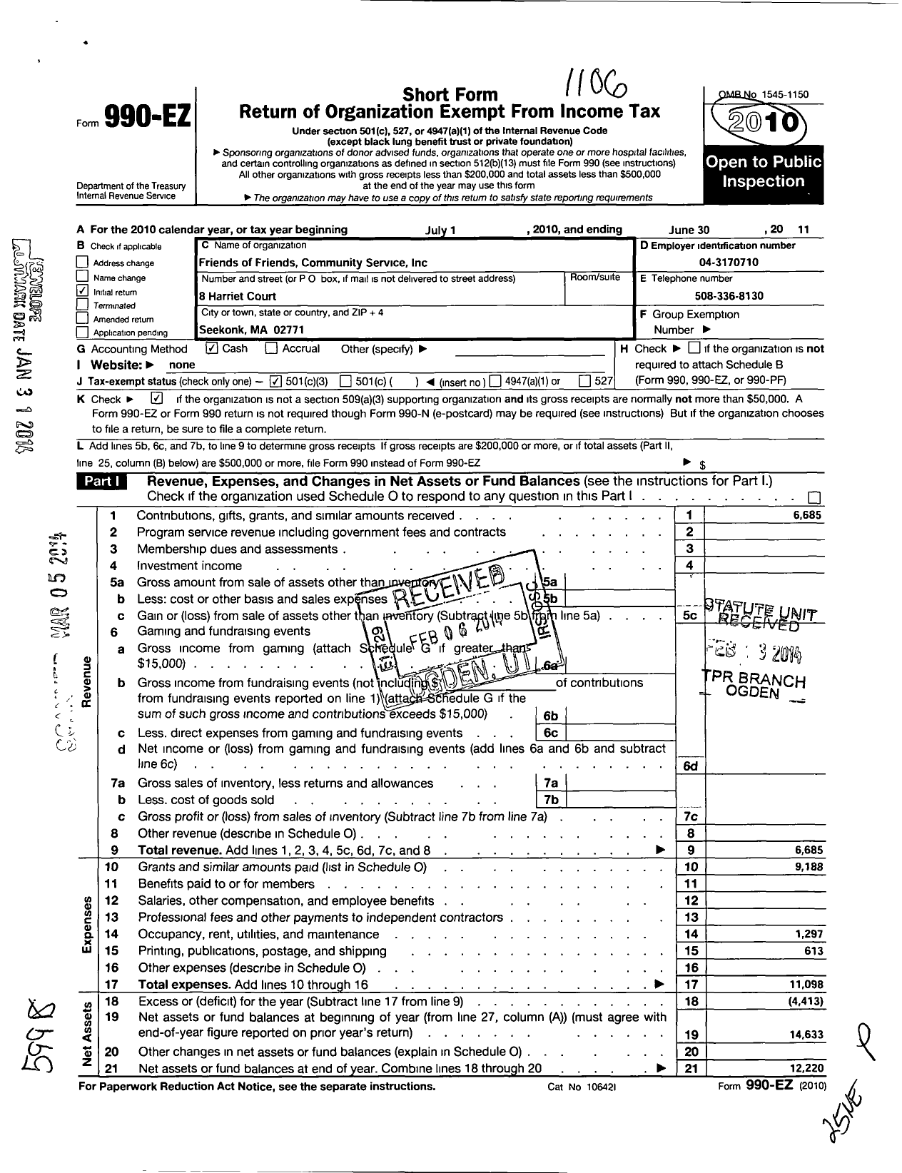 Image of first page of 2010 Form 990EZ for Friends of Friends Community Services Seekonk