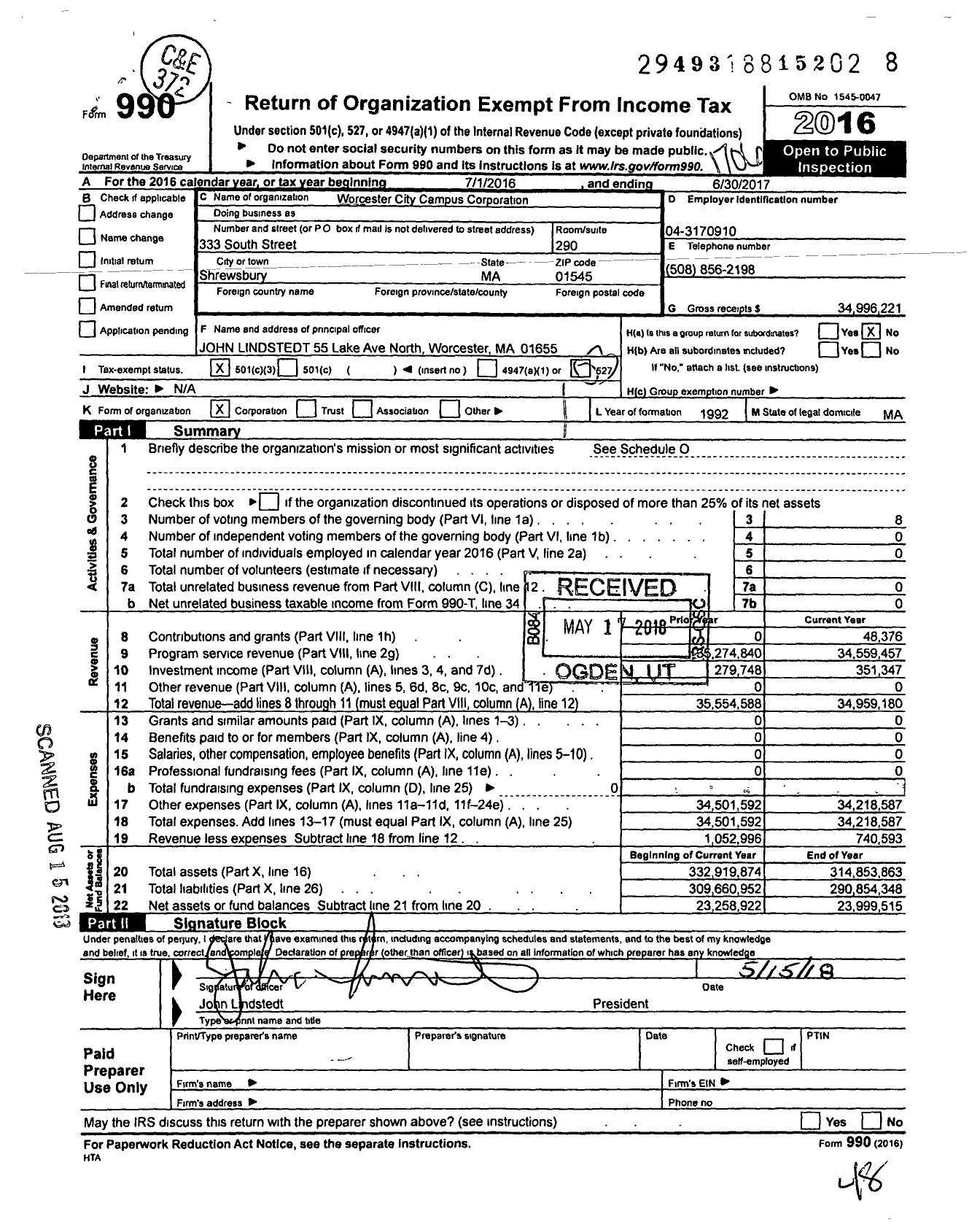 Image of first page of 2016 Form 990 for Worcester City Campus Corporation