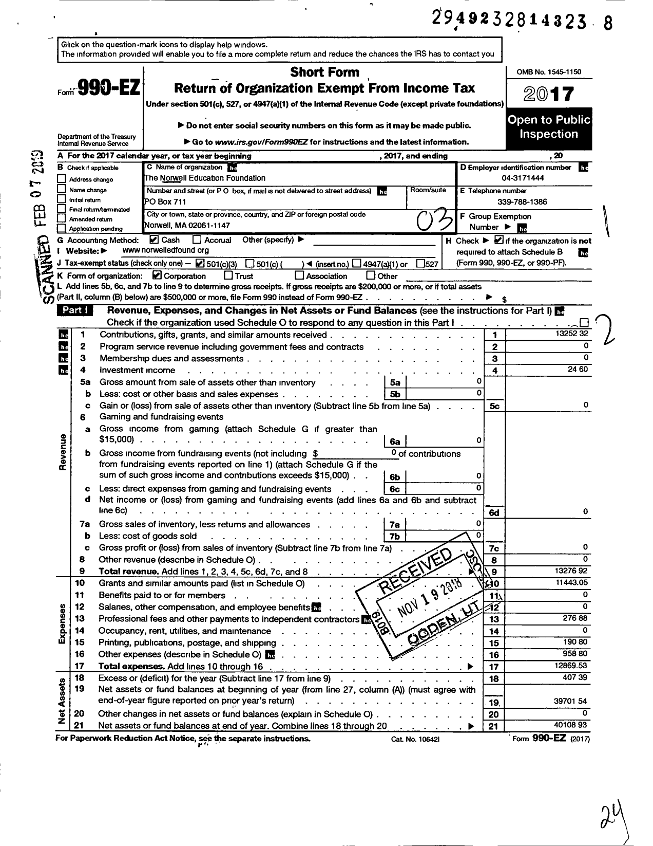 Image of first page of 2017 Form 990EZ for Norwell Education Foundation