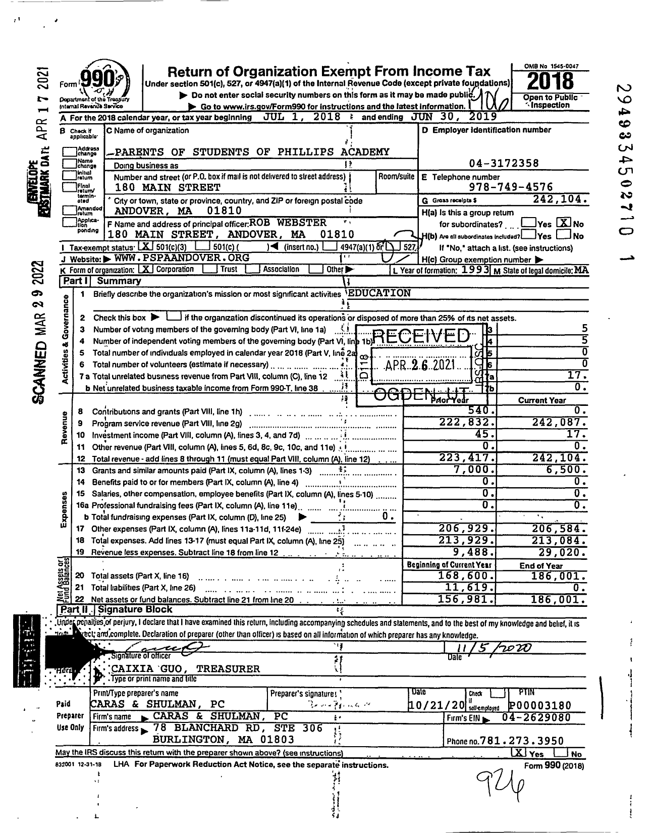 Image of first page of 2018 Form 990 for Parents of Students of Phillips Academy