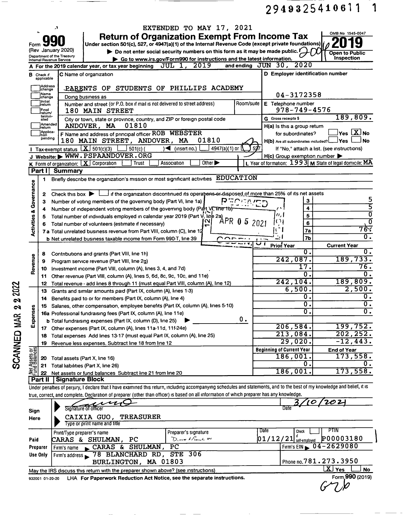 Image of first page of 2019 Form 990 for Parents of Students of Phillips Academy