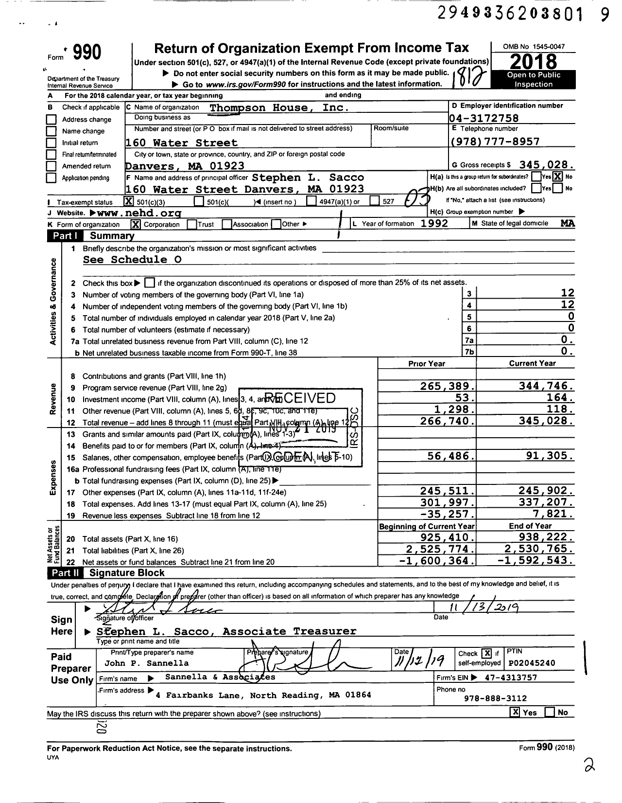 Image of first page of 2018 Form 990 for Thompson House