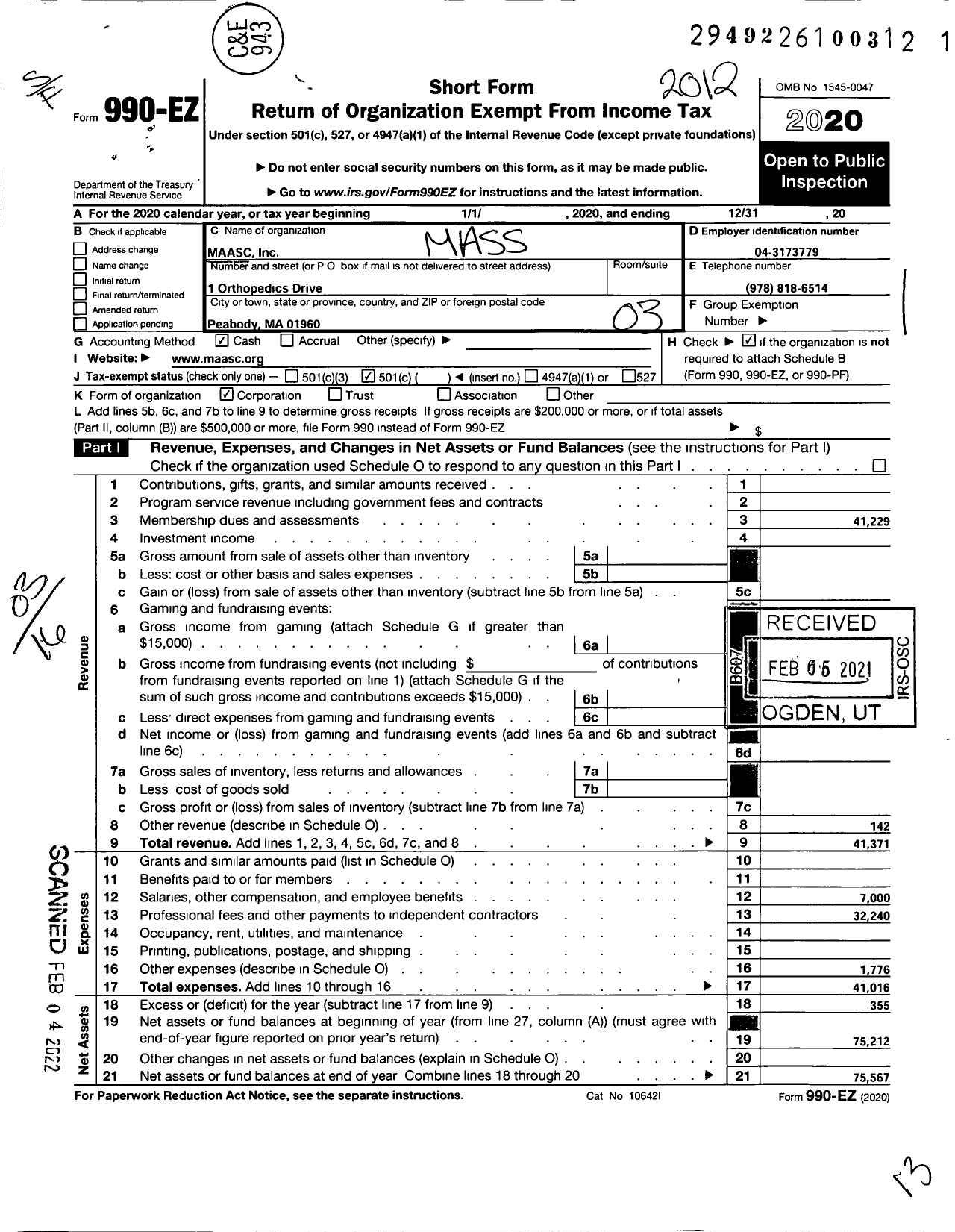 Image of first page of 2020 Form 990EZ for Massachusetts Association of Ambulatory Surgery Centers