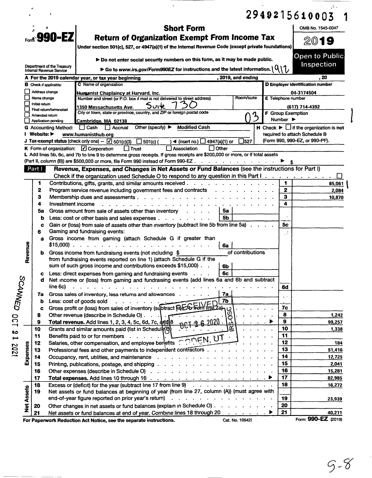 Image of first page of 2019 Form 990EZ for Humanist Chaplaincy at Harvard