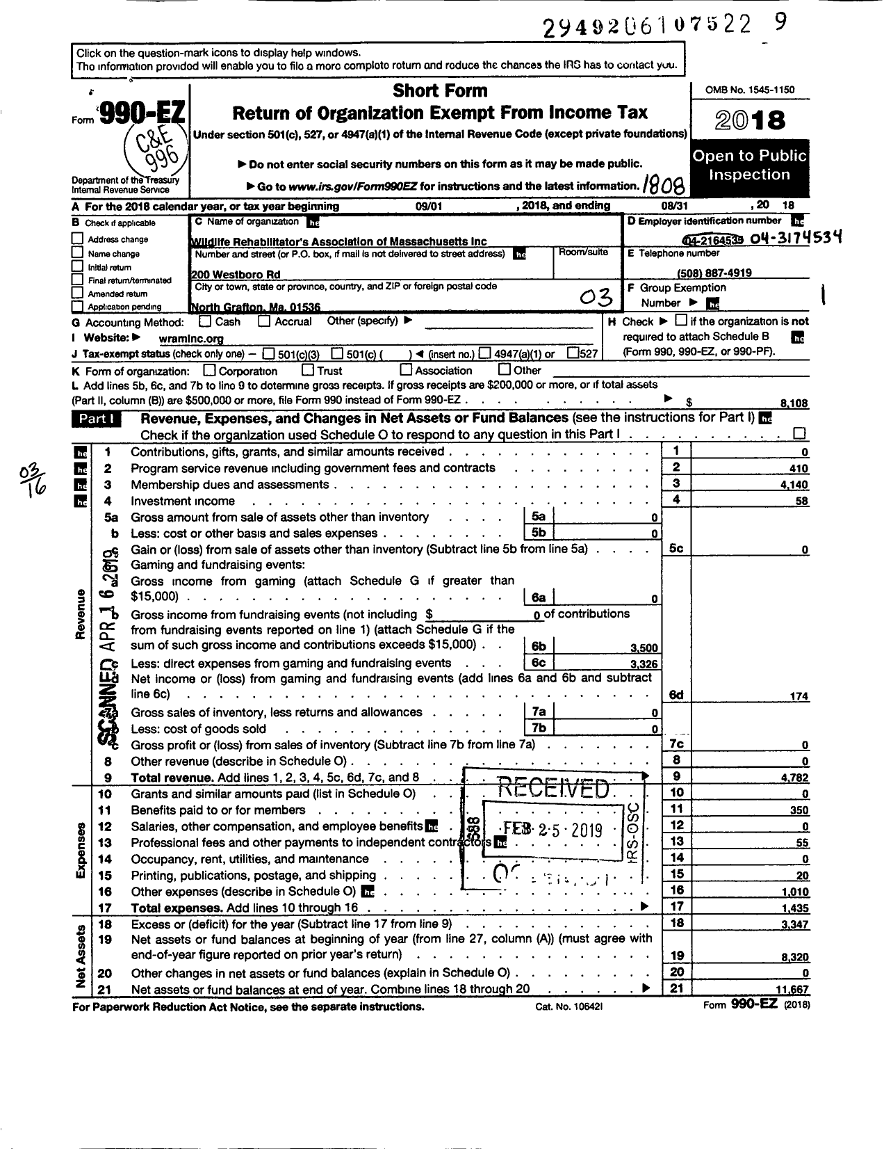 Image of first page of 2017 Form 990EZ for Wildlife Rehabilitators Association of Massachusetts