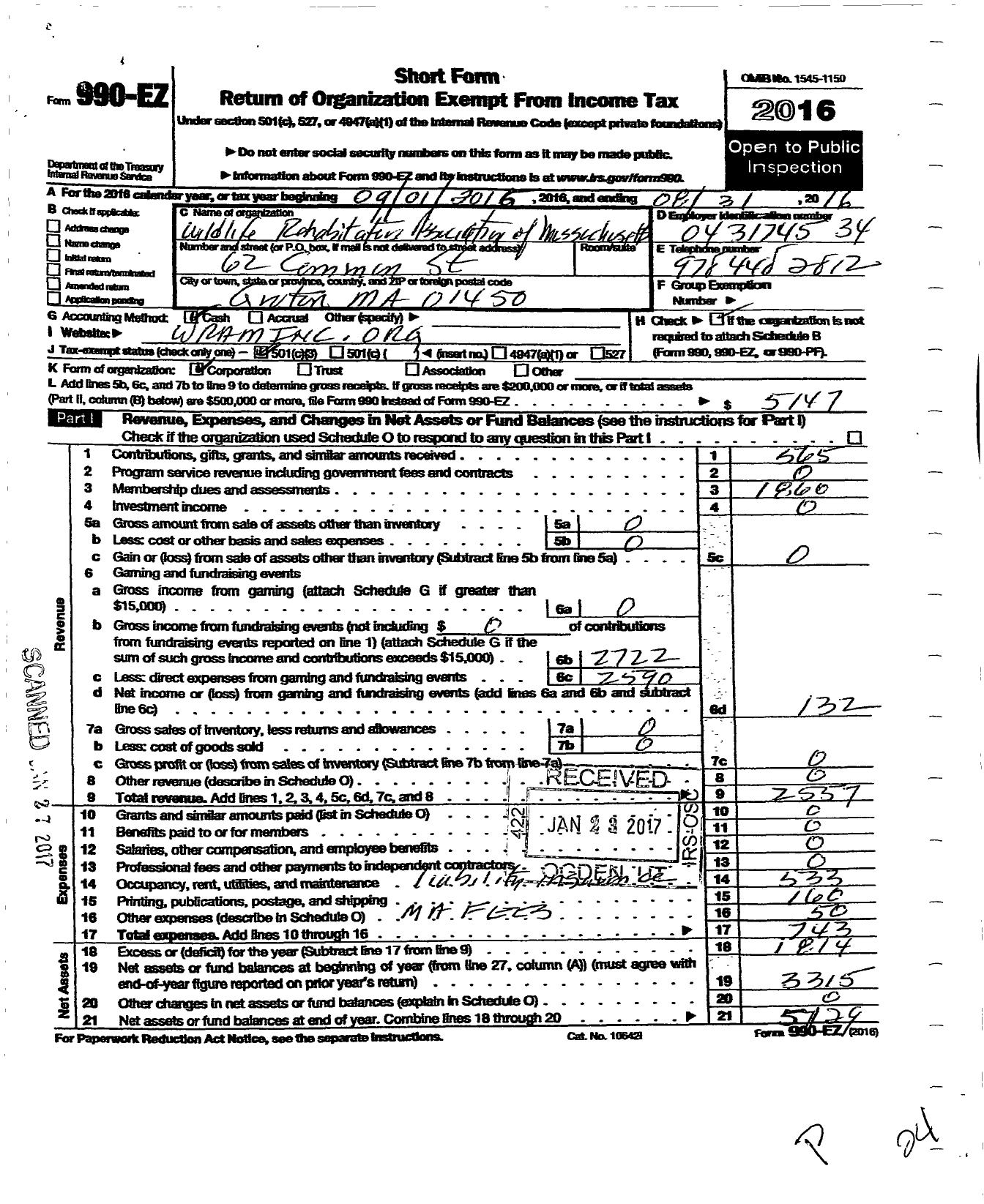 Image of first page of 2015 Form 990EZ for Wildlife Rehabilitators Association of Massachusetts