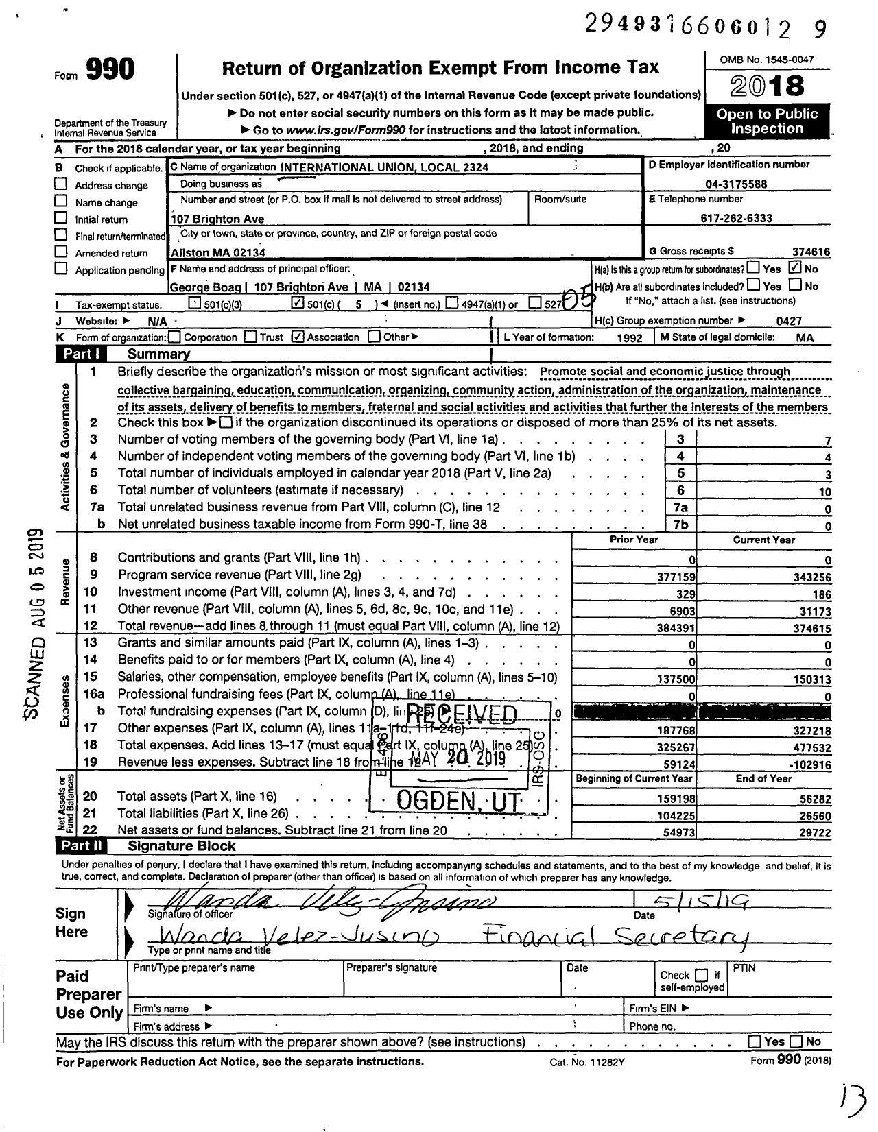 Image of first page of 2018 Form 990O for Uaw - United Local 2324 Uaw